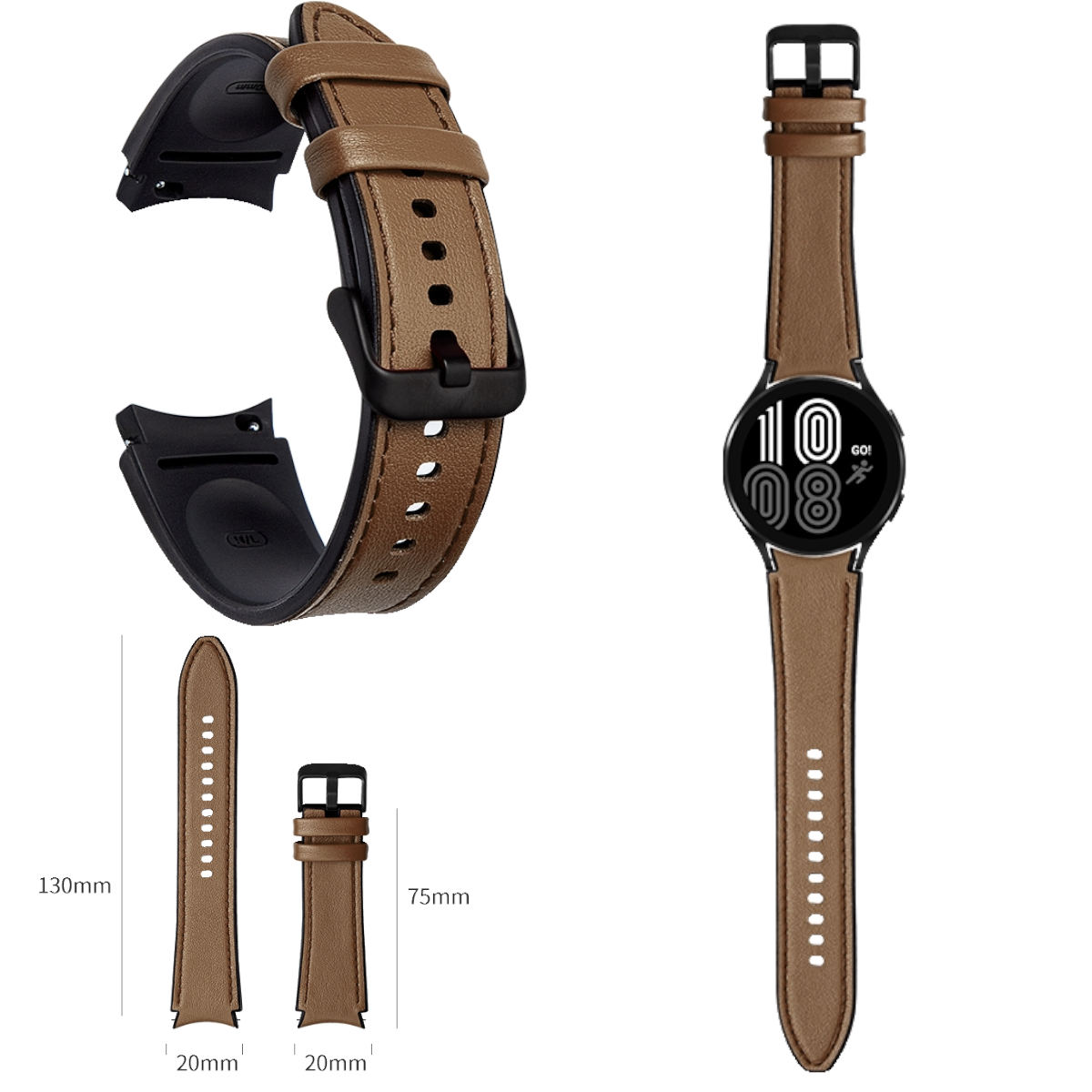 Braune Lederarmbänder mit schwarzer Schnalle. Verschiedene Teile des Armbands werden gezeigt.