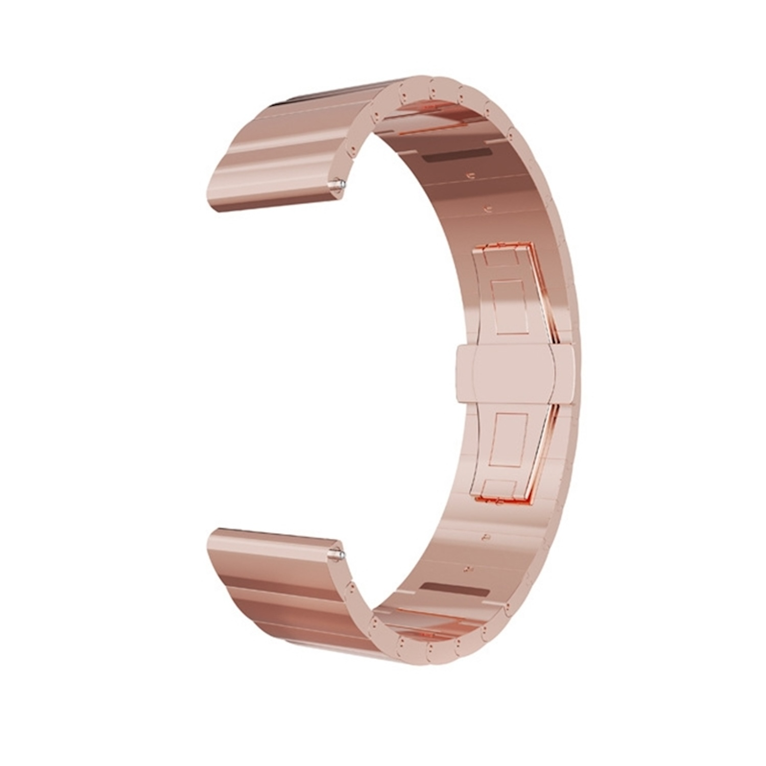 Roségoldenes Uhrenarmband in gebogener Form, mit Butterfly-Verschluss. Glänzendes Metall.