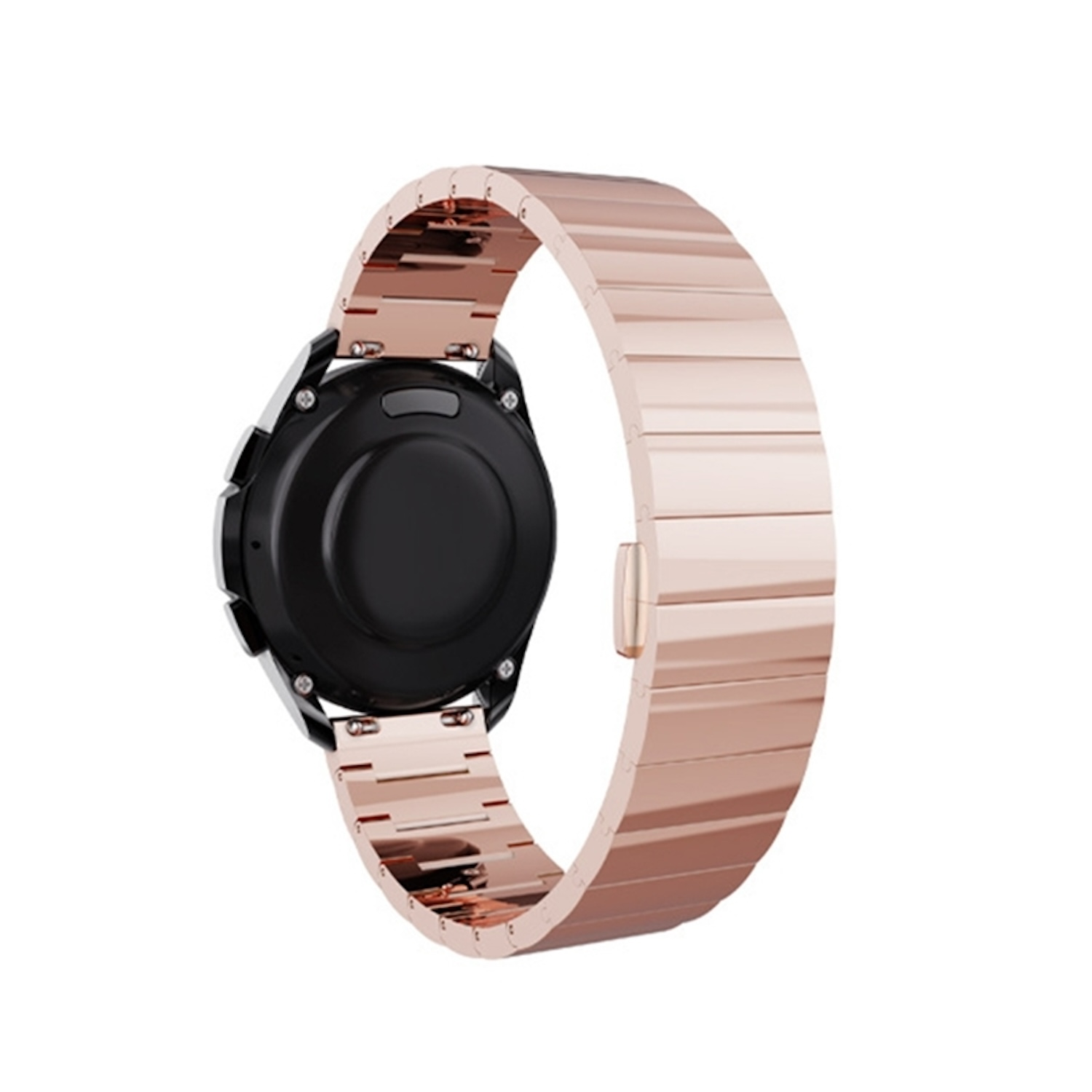 Roségoldfarbenes Uhrenarmband, befestigt an einer schwarzen Smartwatch, Rückseite sichtbar.