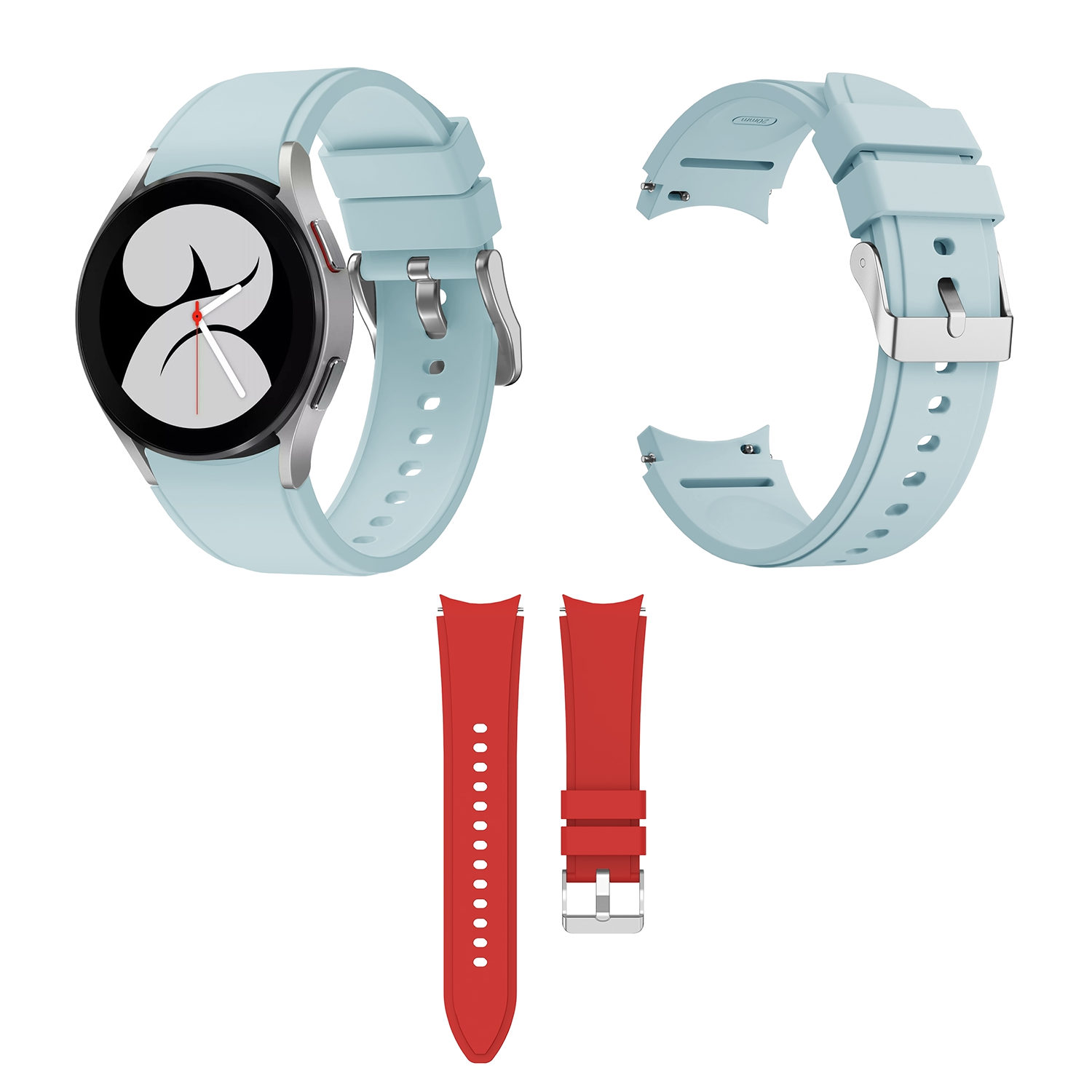 Eine Smartwatch mit zwei farbigen Armbändern, eines hellblau und eines rot.