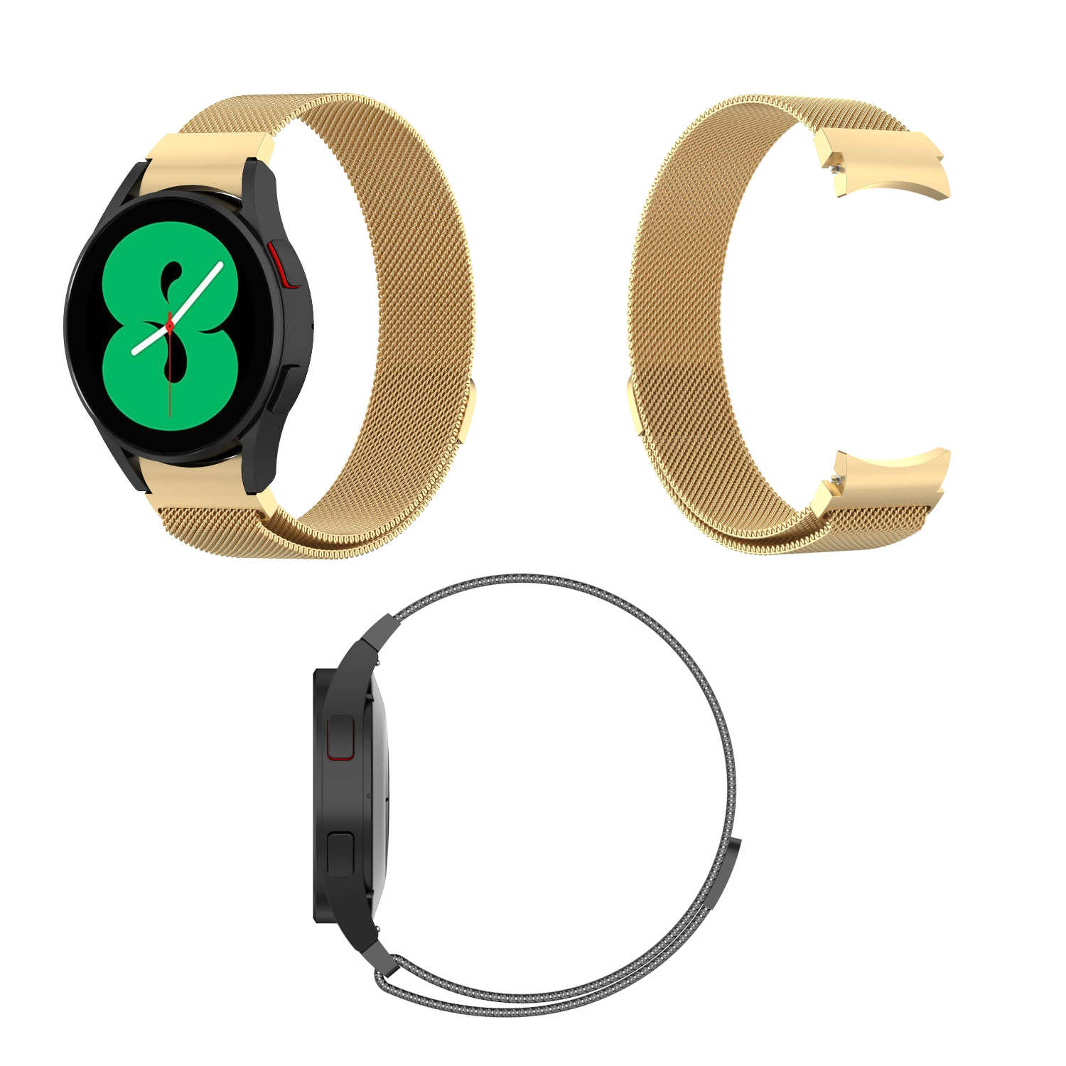 Eine goldene Smartwatch mit schwarzem Bildschirm und goldenem Metallband, aus verschiedenen Winkeln gezeigt.