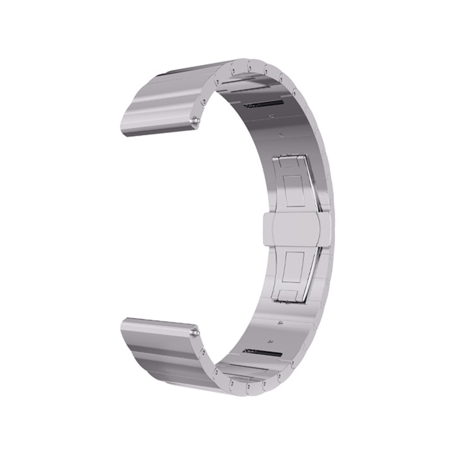 Ein silbernes, offenes Uhrenarmband. Das Armband hat einen Klappverschluss. Weißer Hintergrund.