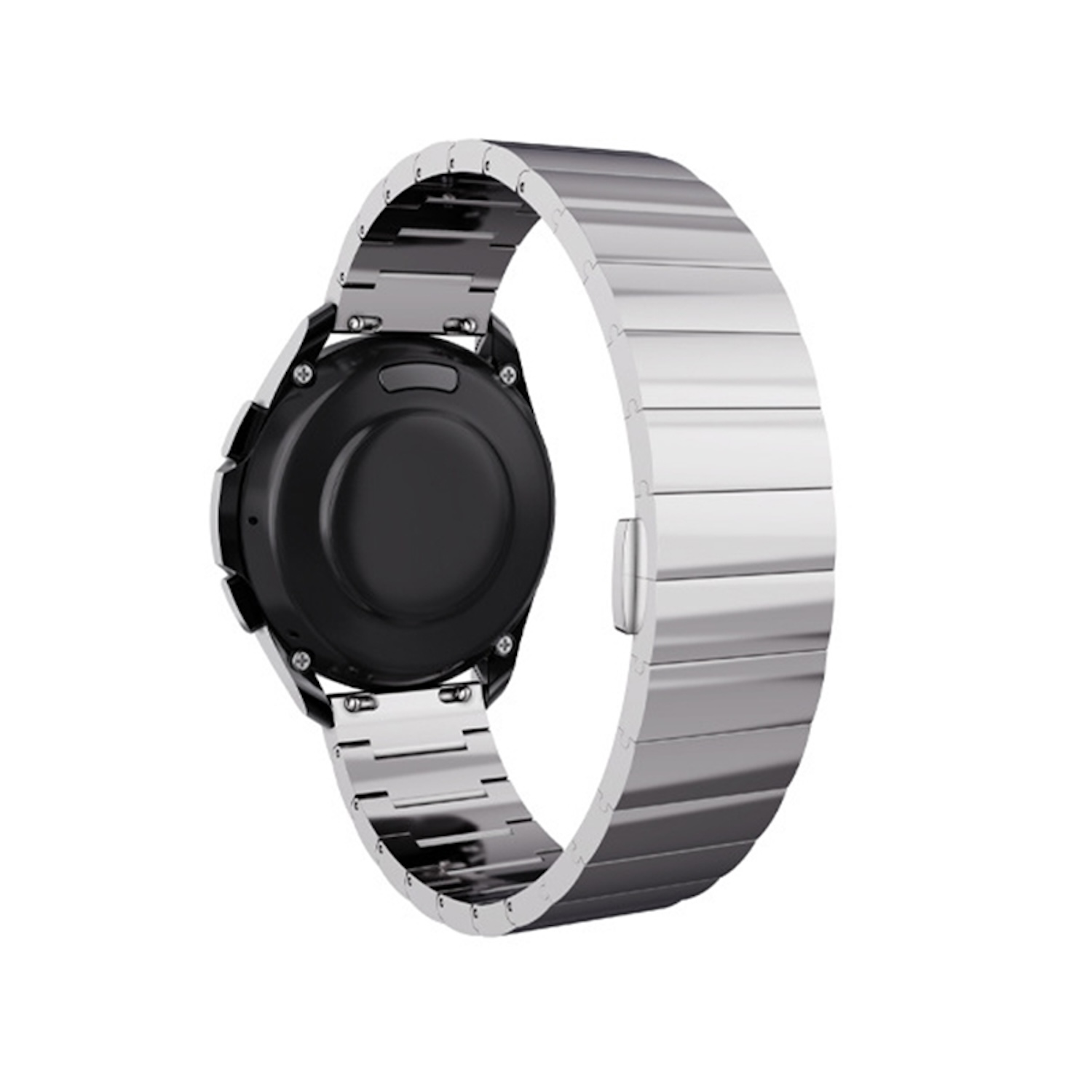 Silbernes Uhrenarmband mit schwarzem Zifferblatt, von hinten betrachtet. Das Armband ist offen.