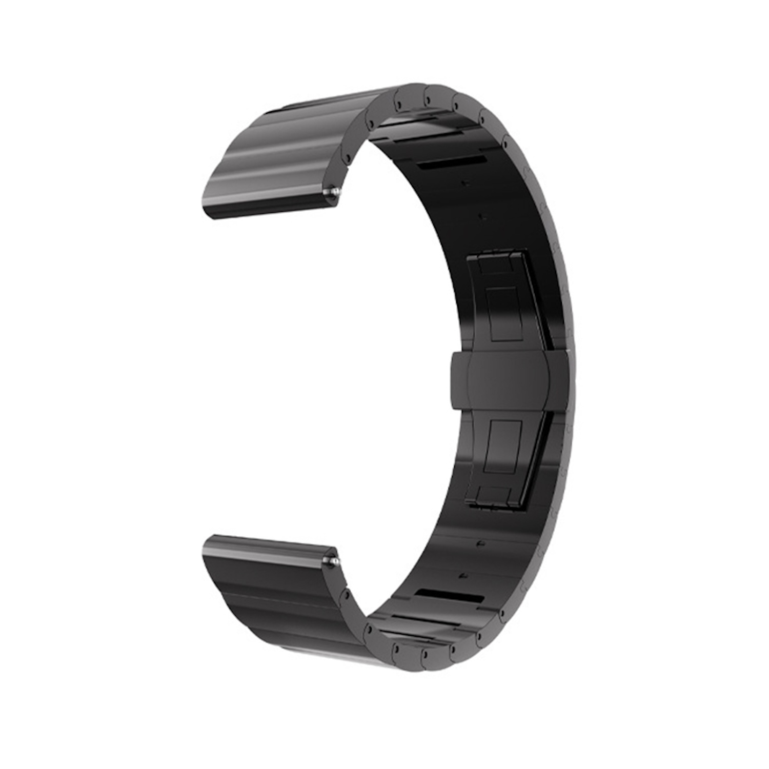 Schwarzes, gebogenes Uhrenarmband mit Verschluss. Das Metallband ist dunkel und reflektierend.