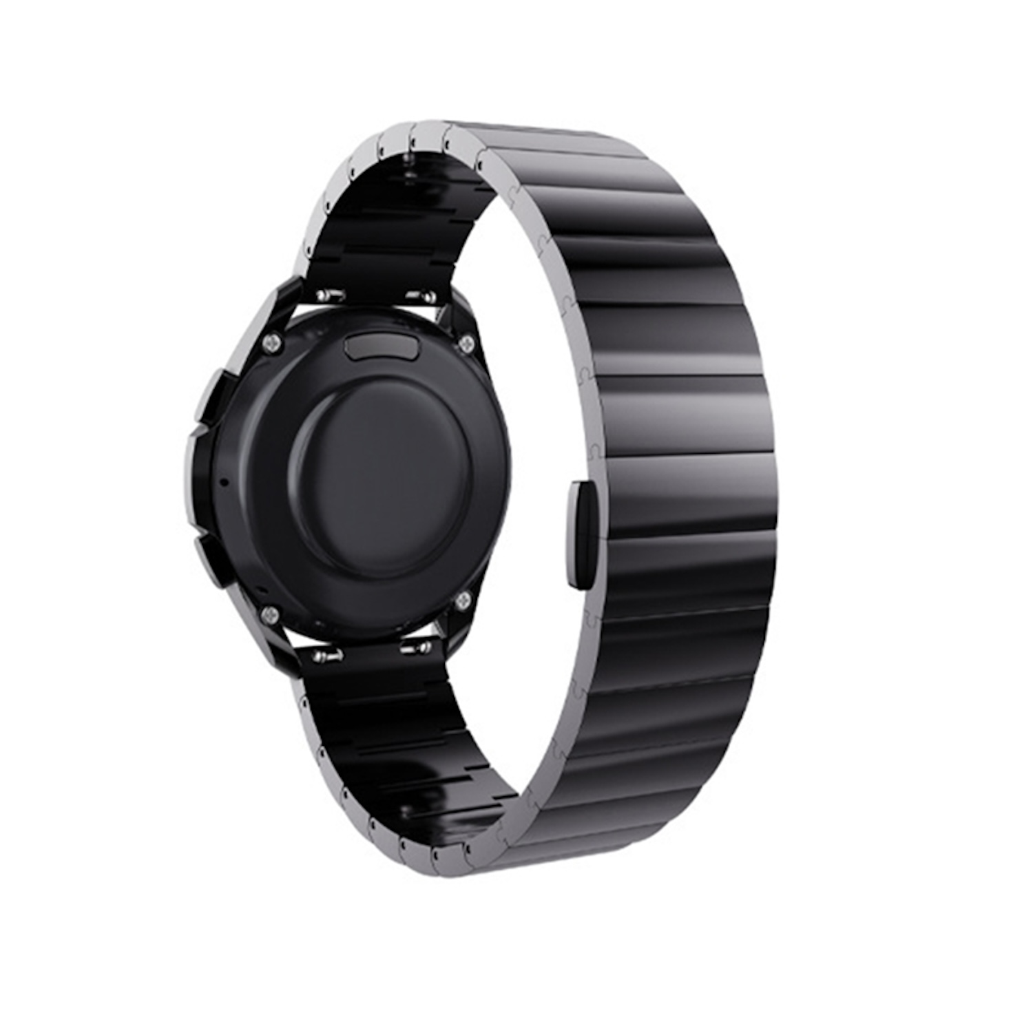 Schwarze Smartwatch mit schwarzem Metallarmband, Detailaufnahme, weißer Hintergrund.