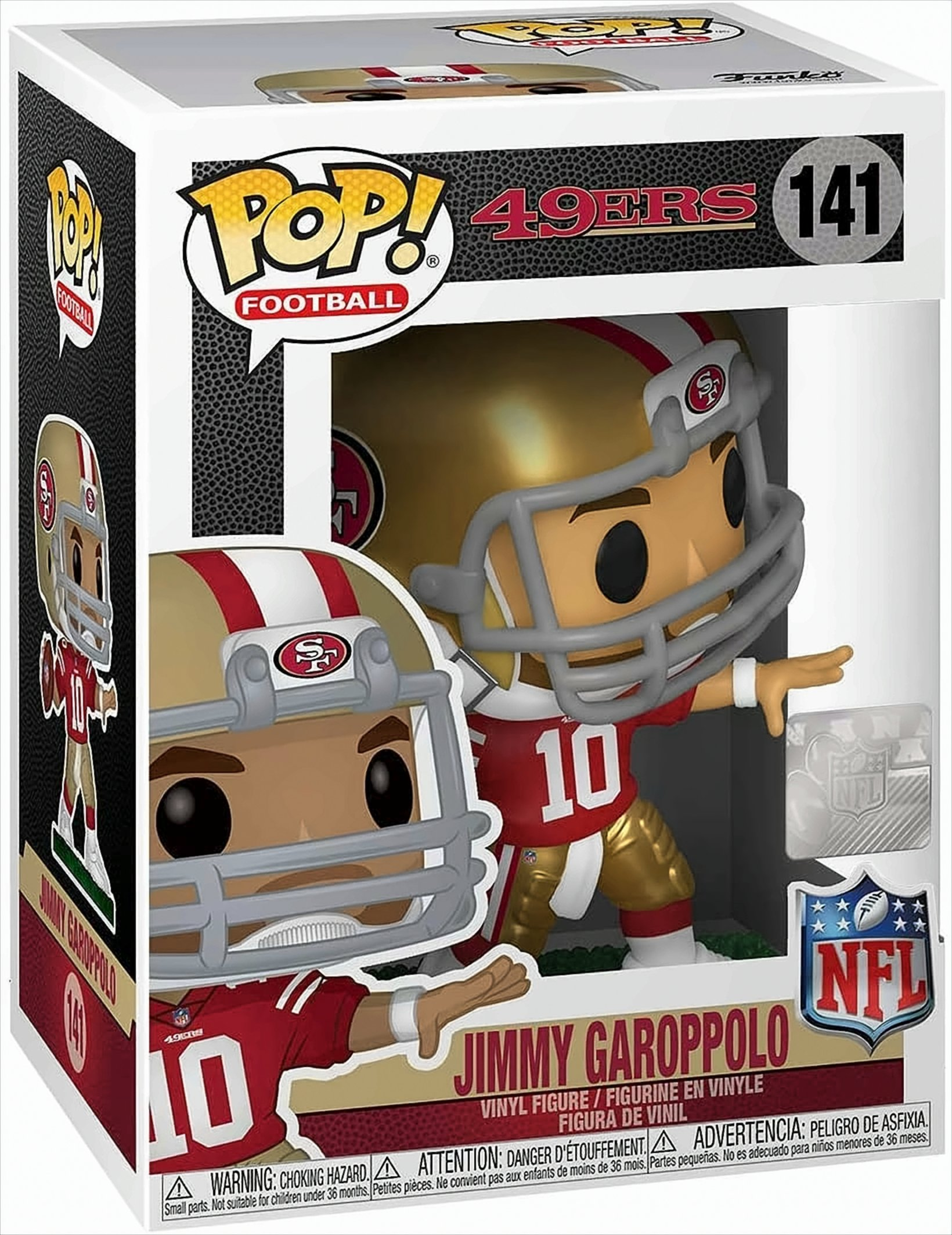 Eine Jimmy Garoppolo NFL-Figur in einer Box mit dem 49ers-Logo und -Farben.