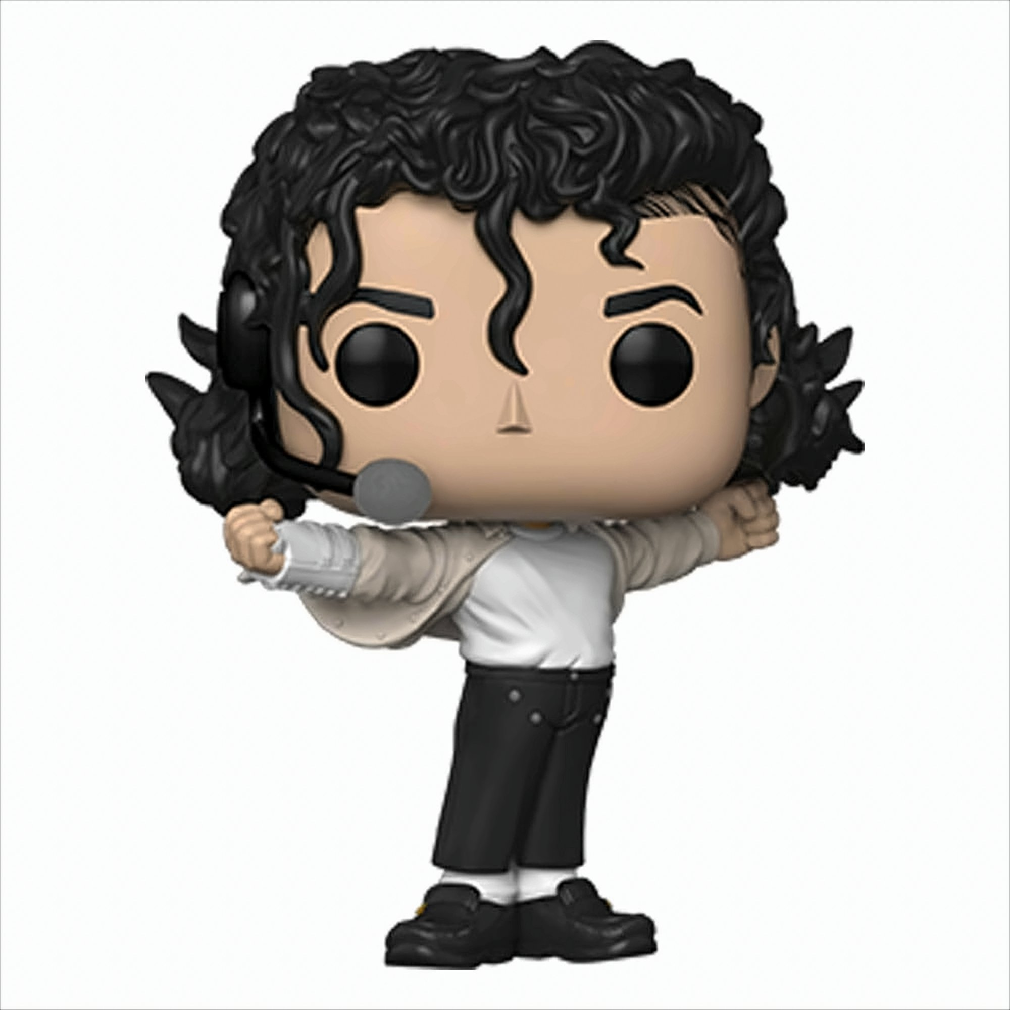 Michael Jackson-Figur in ikonischer Pose mit Mikrofon und Jacke, bereit für die Performance.