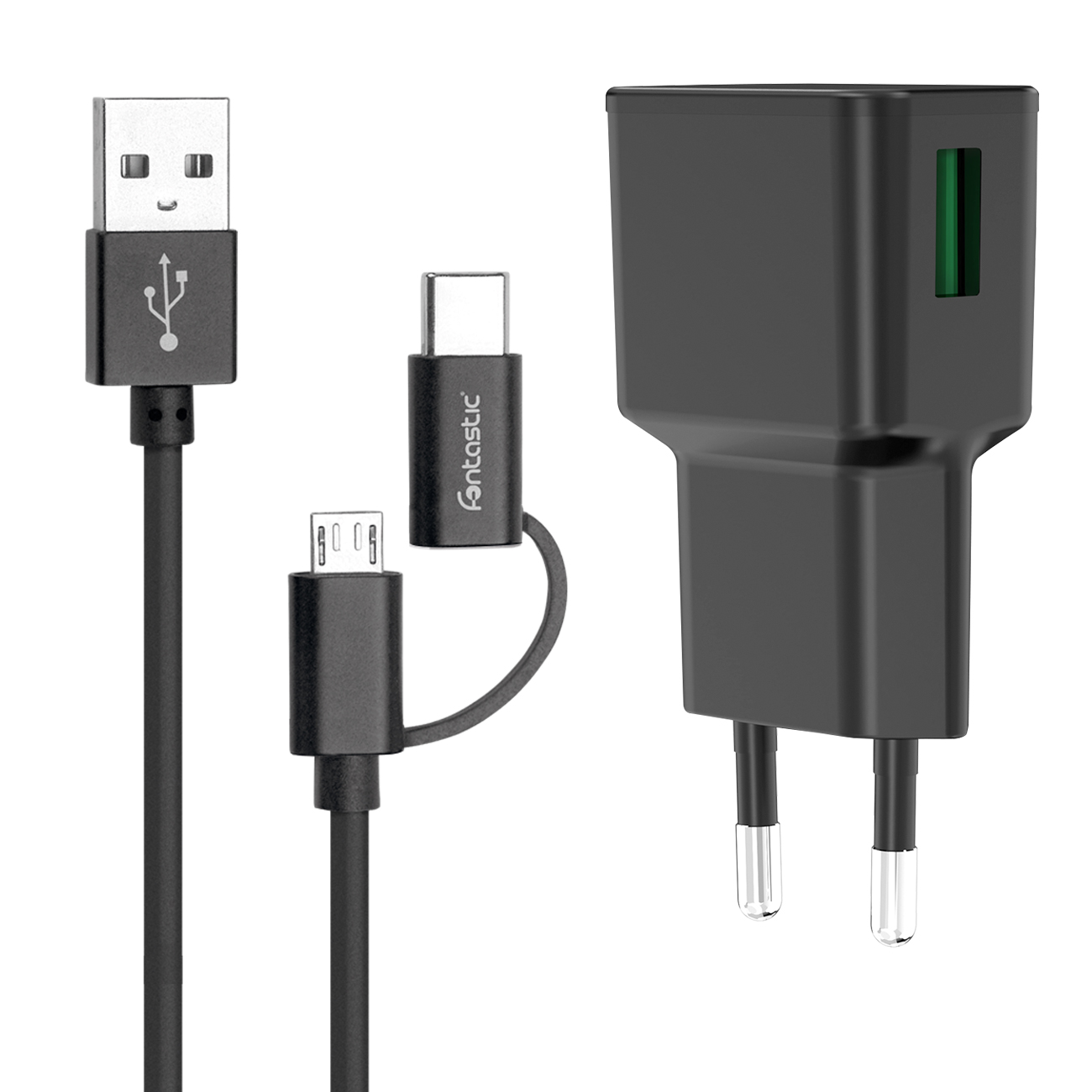 Schwarzes Ladegerät mit USB-Kabel und Multi-Anschlusskabel mit USB und Micro-USB.