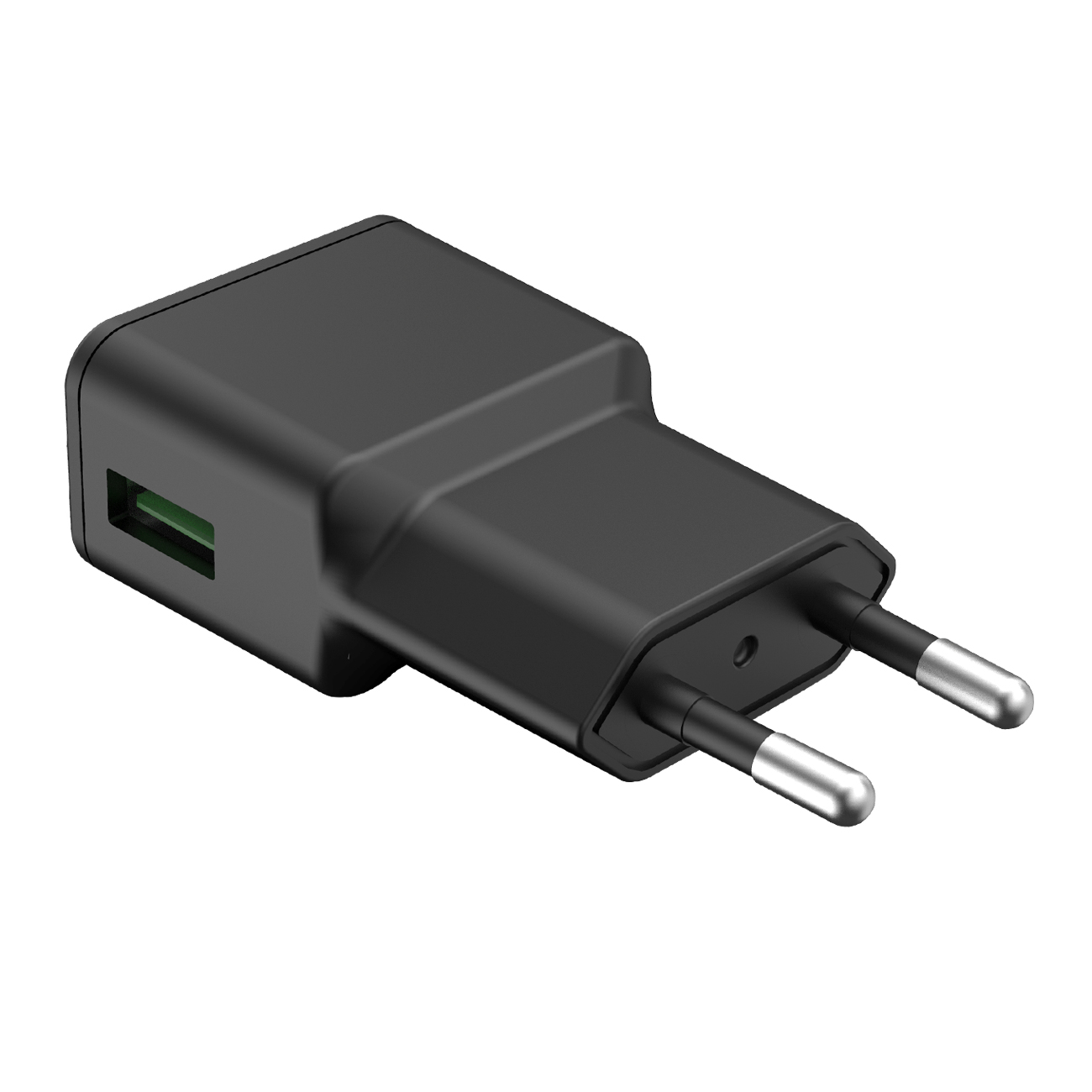 Schwarzes Telefonladegerät mit zwei Stiften. USB-Anschluss ist sichtbar. Weißer Hintergrund.