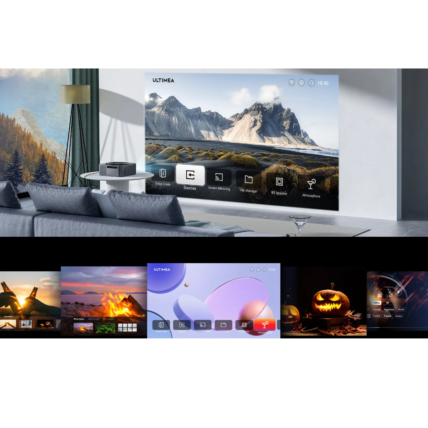 Ein großer Bildschirm, der ein Heimkino-Setup mit mehreren kleinen Bildvorschauen zeigt.