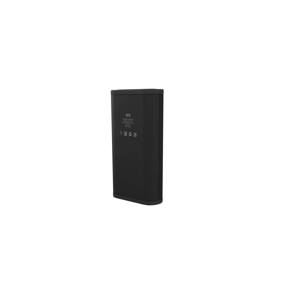 Un banco de energía rectangular negro con el logotipo de AEG. La imagen está sobre un fondo negro.
