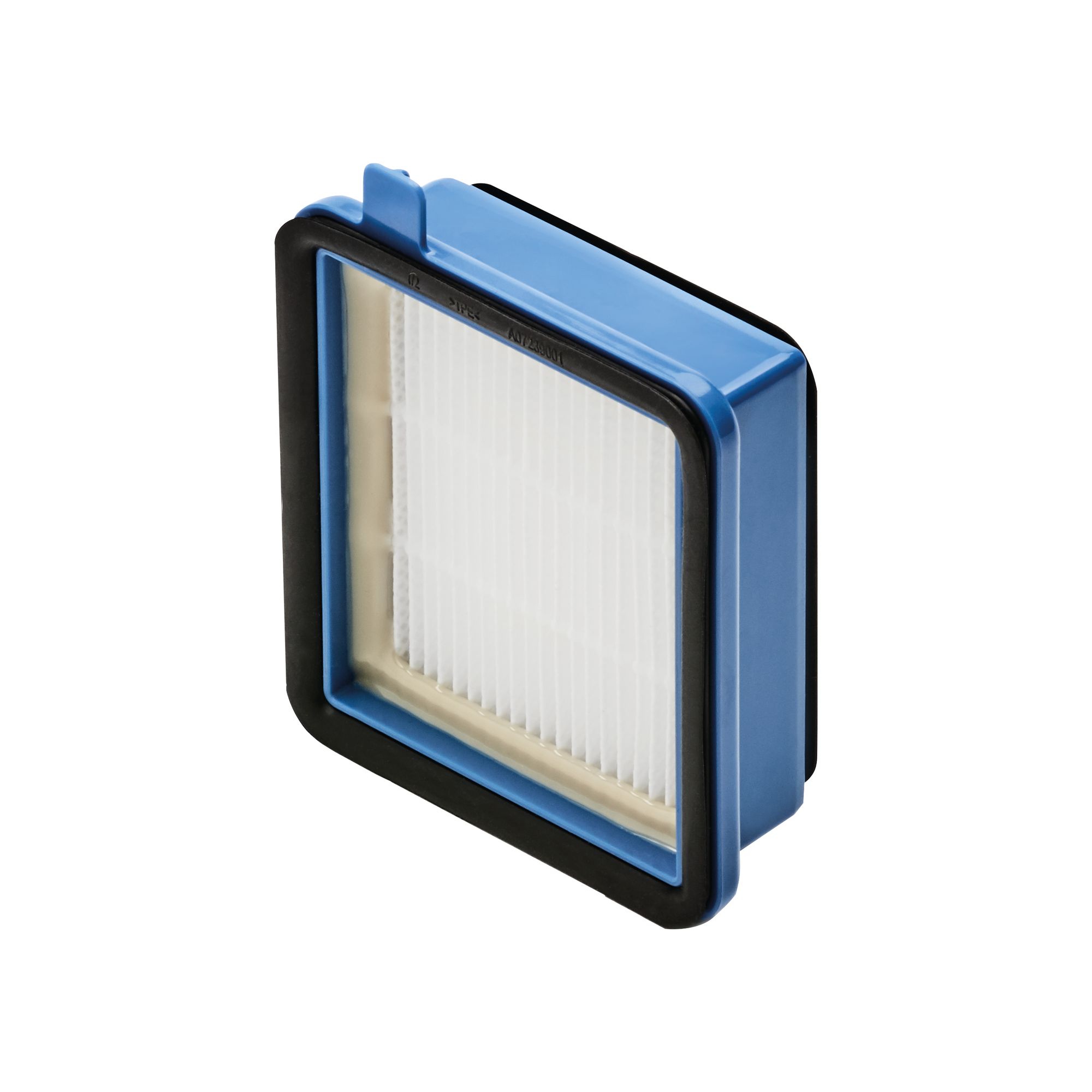 Filtro per aspirapolvere blu, rettangolare con materiale filtrante bianco all'interno.