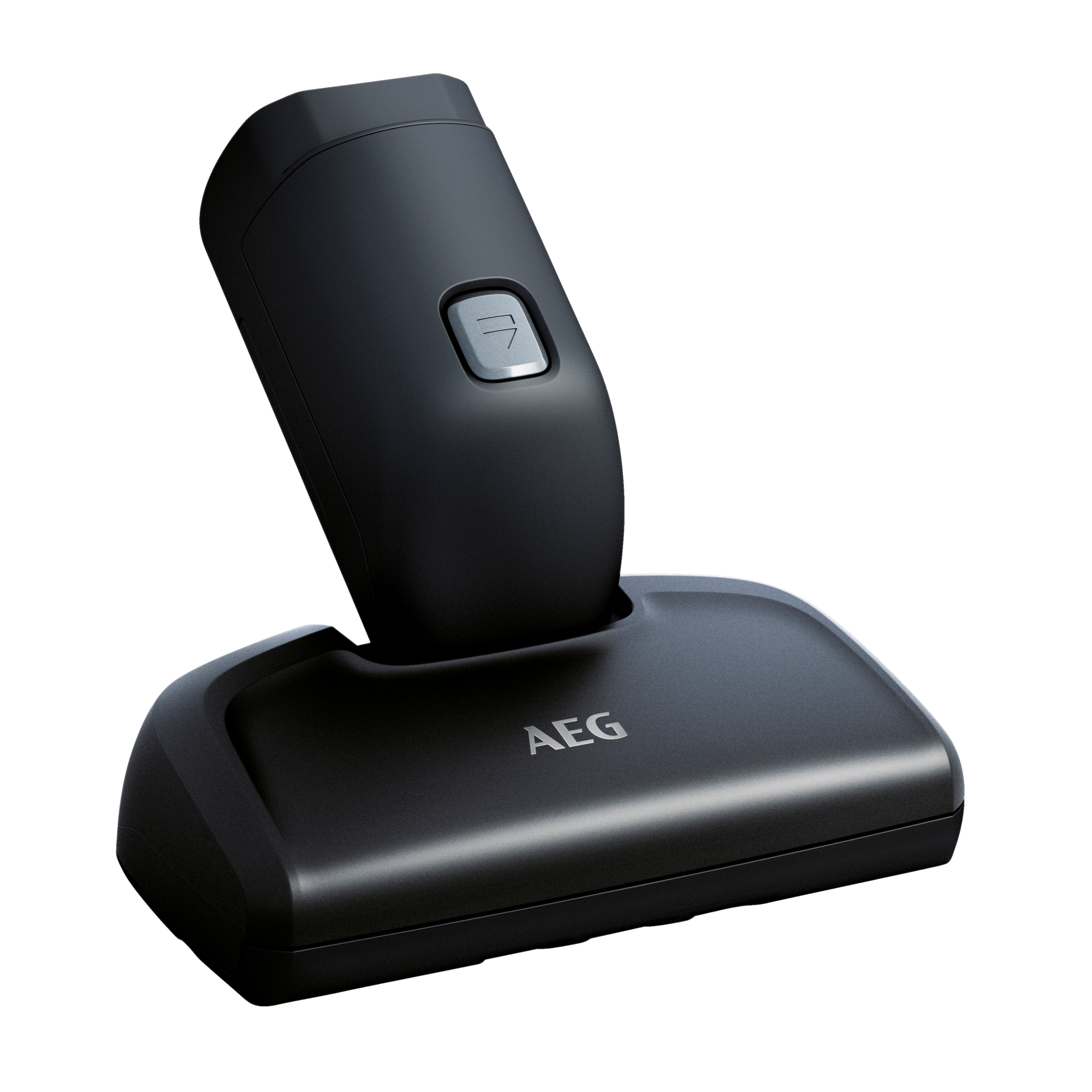 Czarna głowica odkurzacza z logo 'AEG', ustawiona pod kątem do użytku, na czarnym tle.