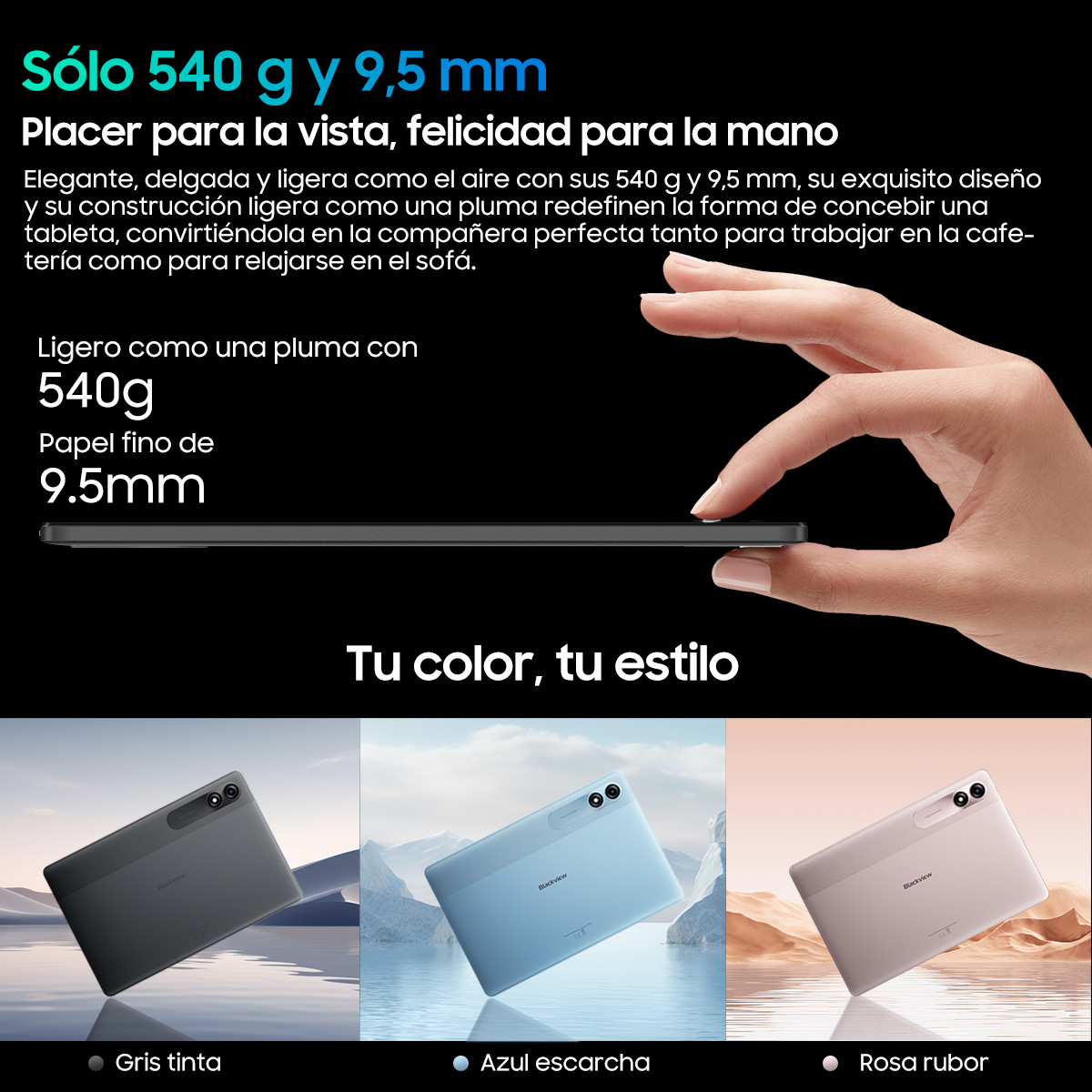 Mano sosteniendo tableta gris con texto e imágenes de otras tabletas debajo.
