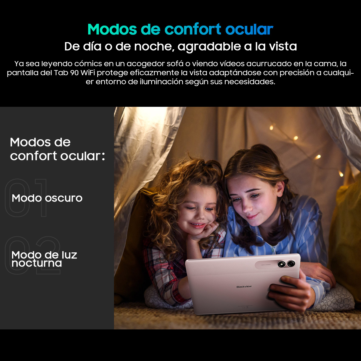 Dos chicas mirando una tableta. La tableta muestra una pantalla. La escena es en una tienda de campaña.