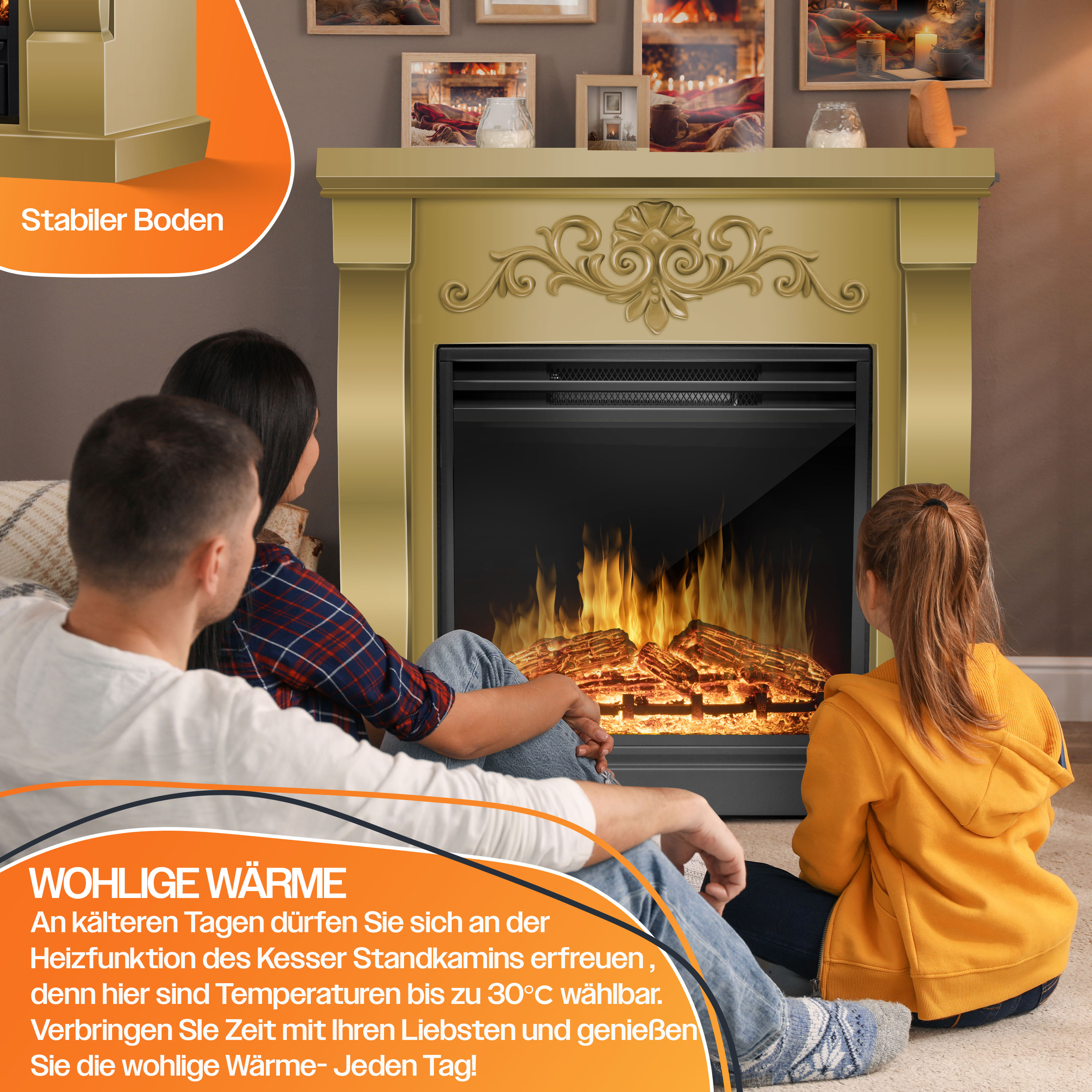 Familie in der Nähe eines Kamins, Flammen im Hintergrund, Text über Wärme und Komfort.