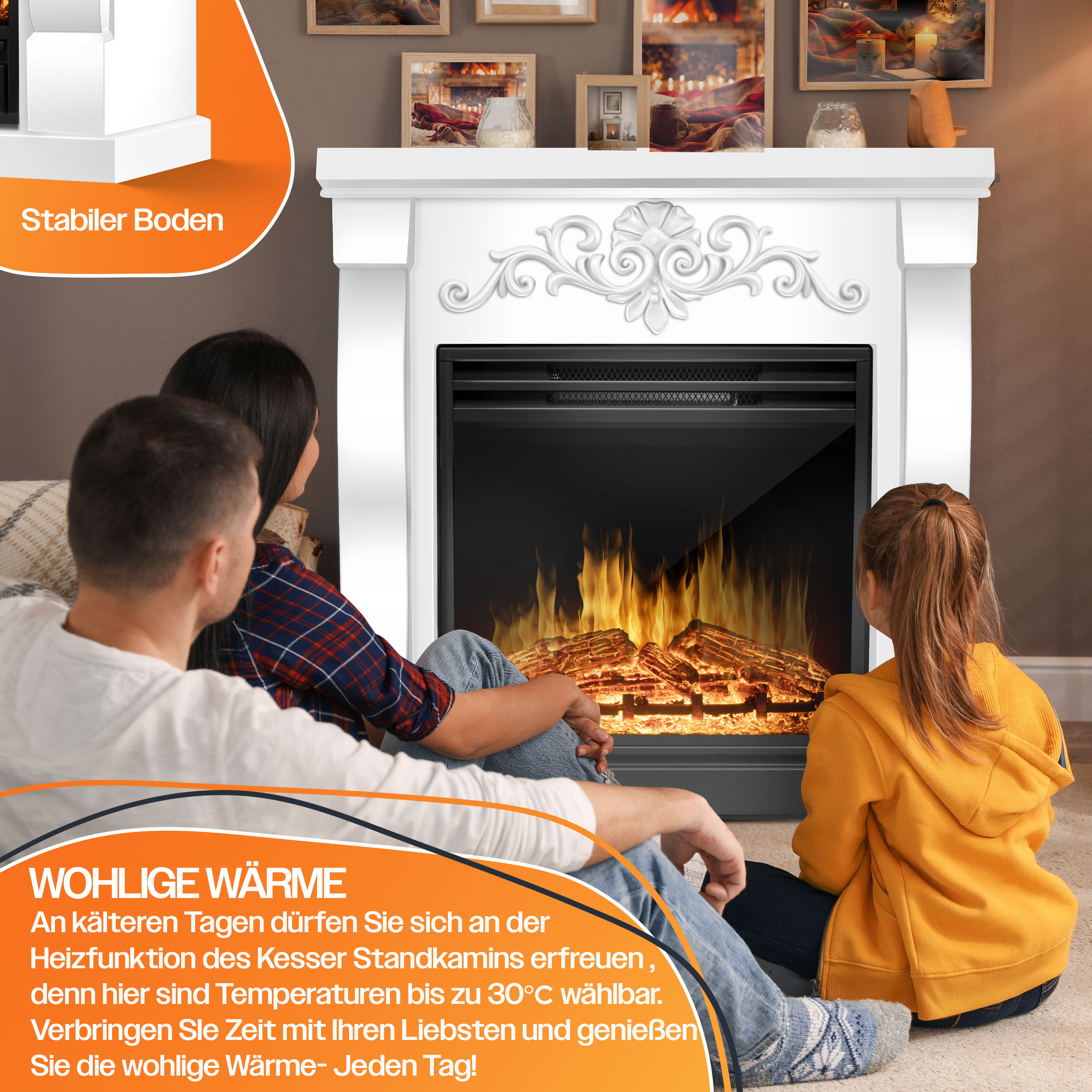 Familie sitzt am Kamin, Text über Wärme und Komfort.