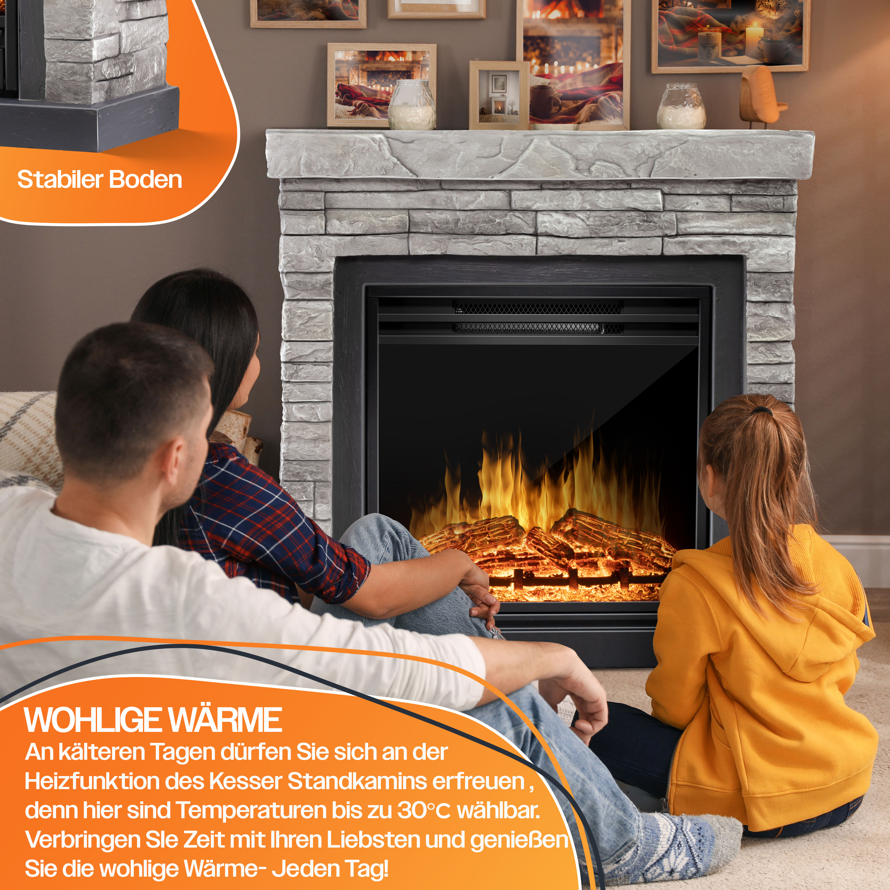 Familie genießt einen Kamin mit Steinkamin, Flammen und einem Flachbildschirm.