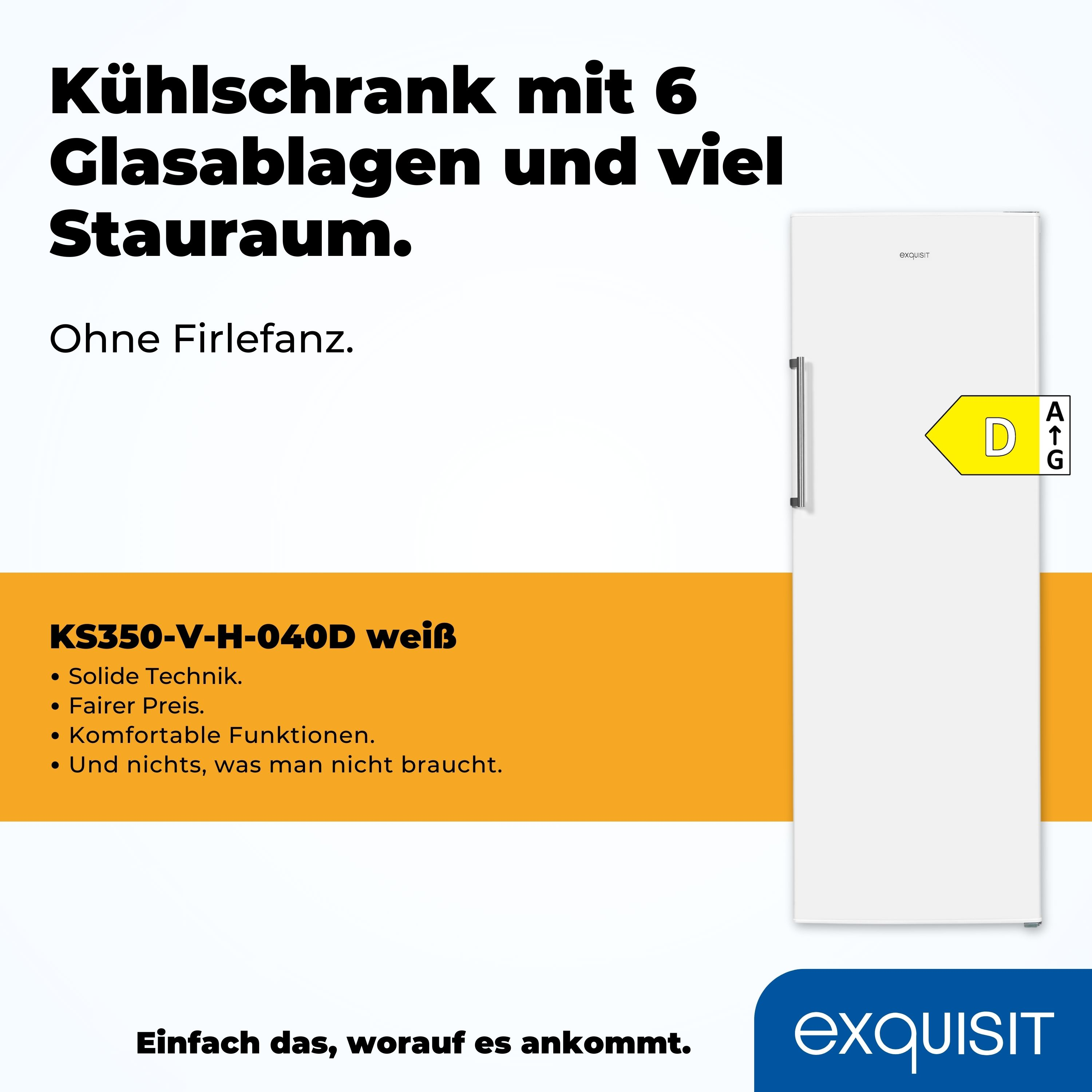 Weißer Kühlschrank, mit Textetiketten, die seine Eigenschaften und Energieeffizienz beschreiben.