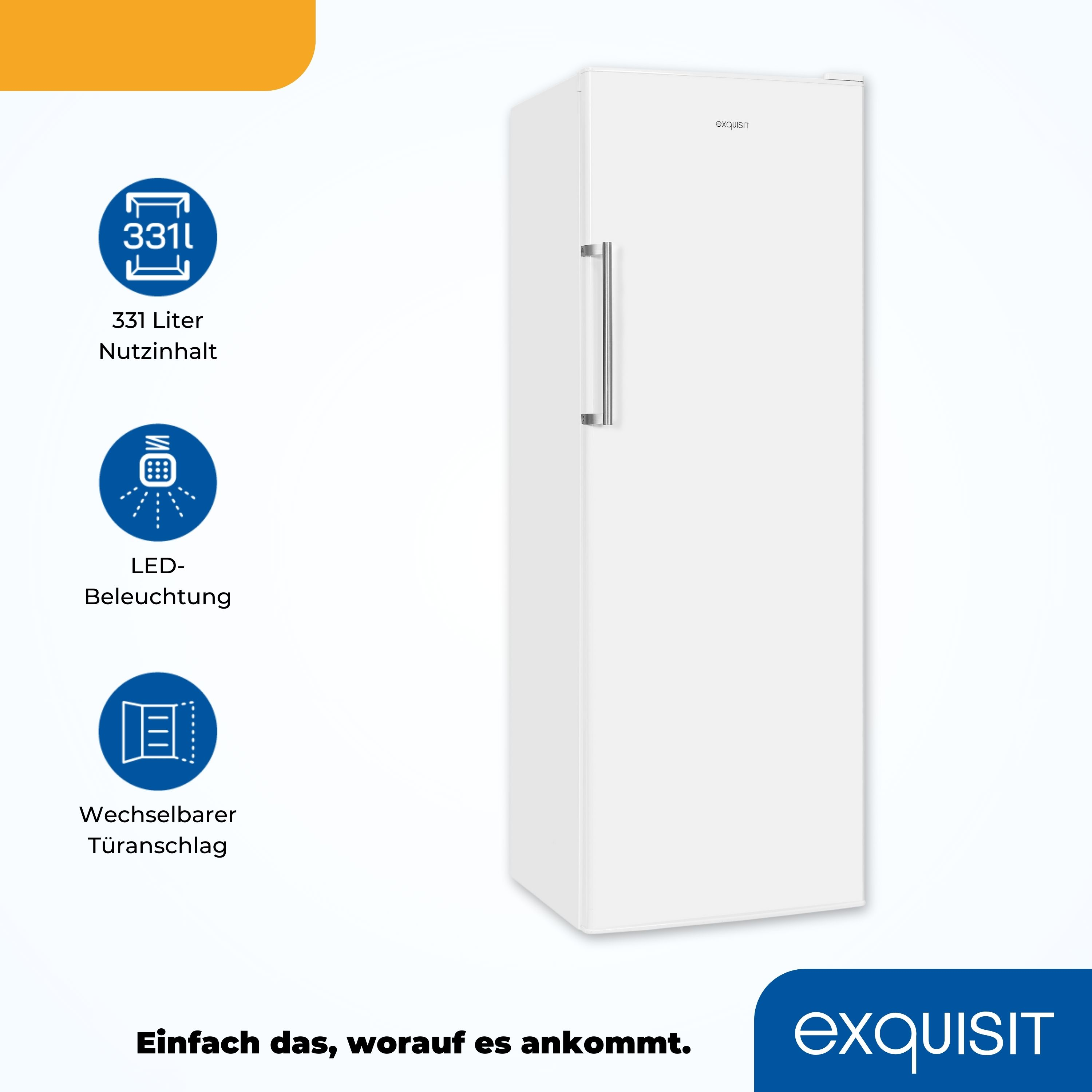 Weißer Kühlschrank mit Griff und drei Symbolen mit Beschreibungen auf Deutsch.