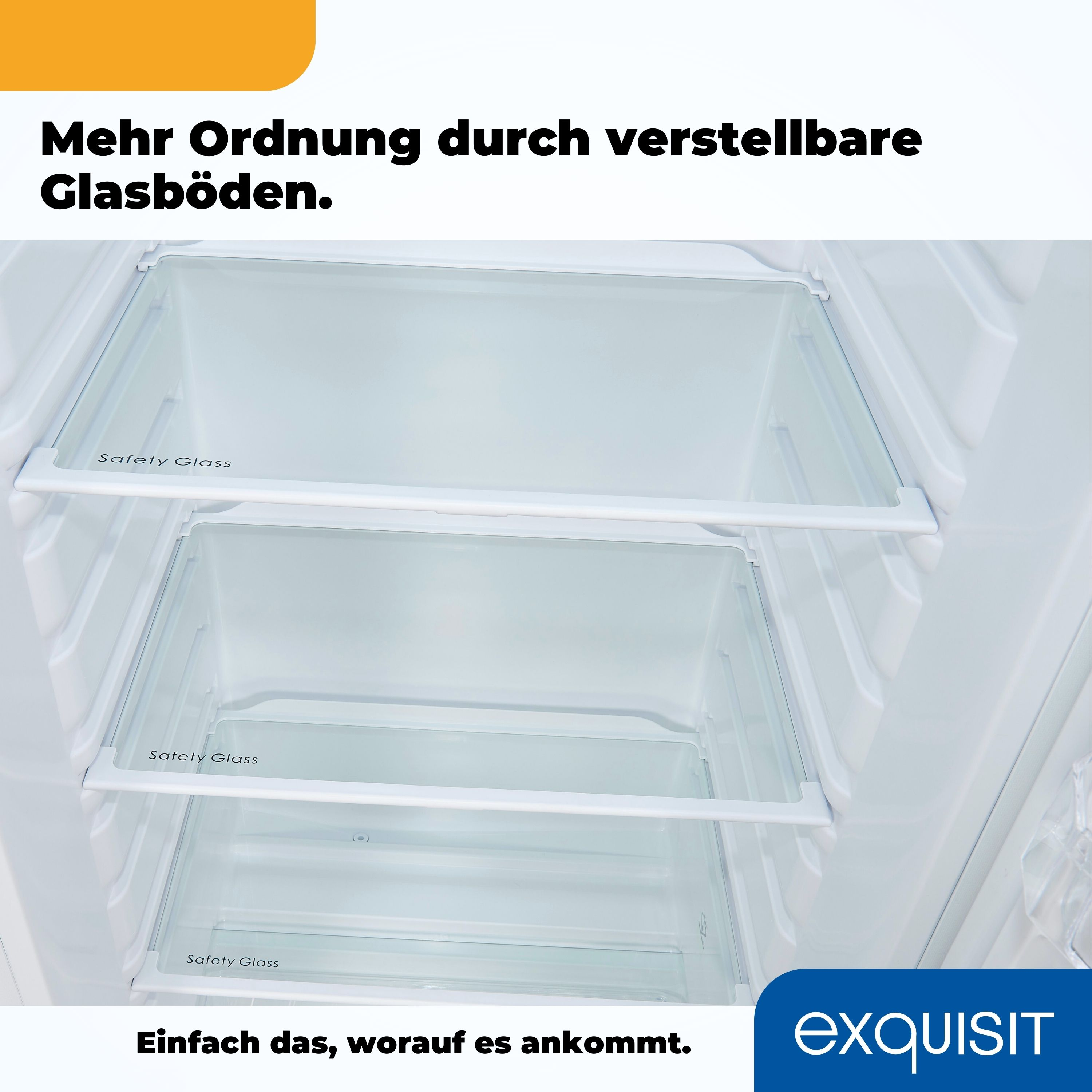 Innerhalb eines Kühlschranks mit Glasböden, mit dem Text „Sicherheitsglas“ darauf.