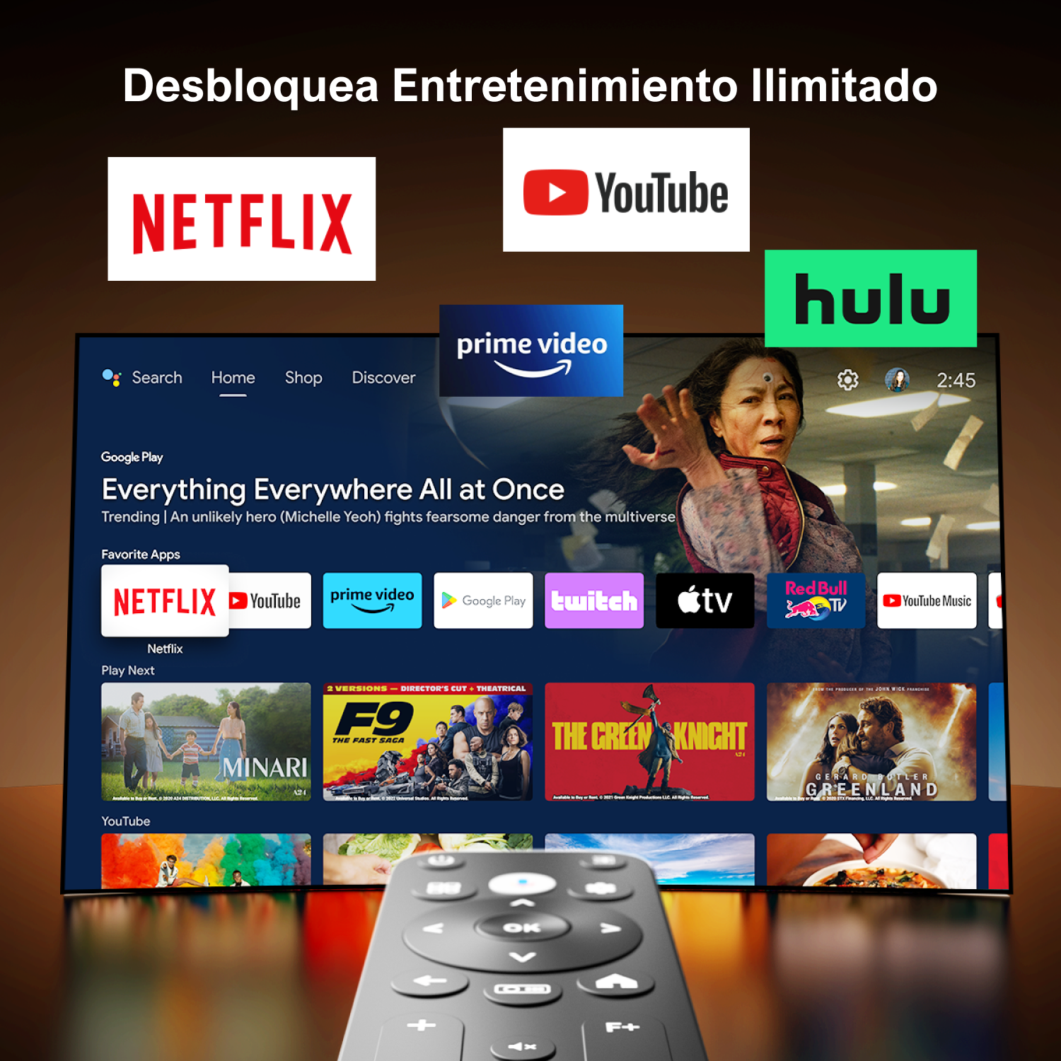 Una pantalla de TV muestra aplicaciones como Netflix, YouTube y Hulu. Un control remoto descansa debajo.