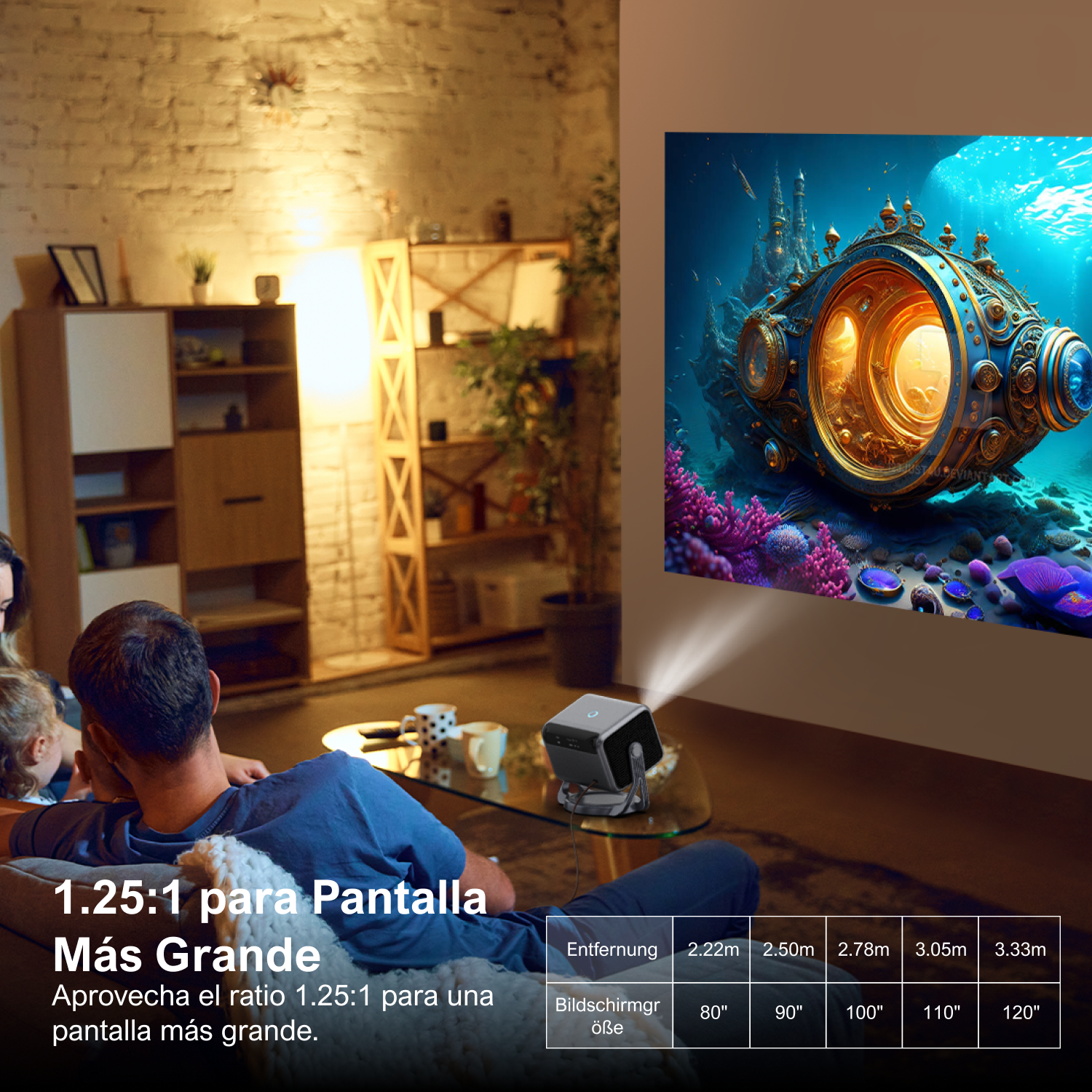 Gente viendo una película proyectada en una pared, con un proyector y texto.