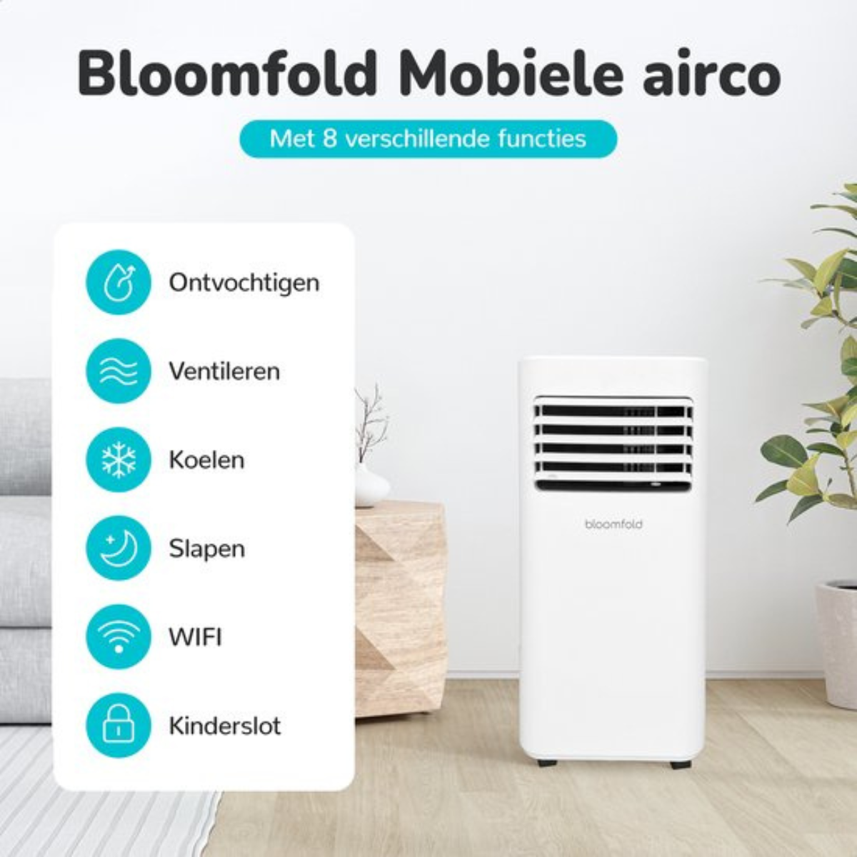 White air cooler with function icons. Text says 'Bloomfold Mobile airco' and 'Met 8 verschillende functies'.