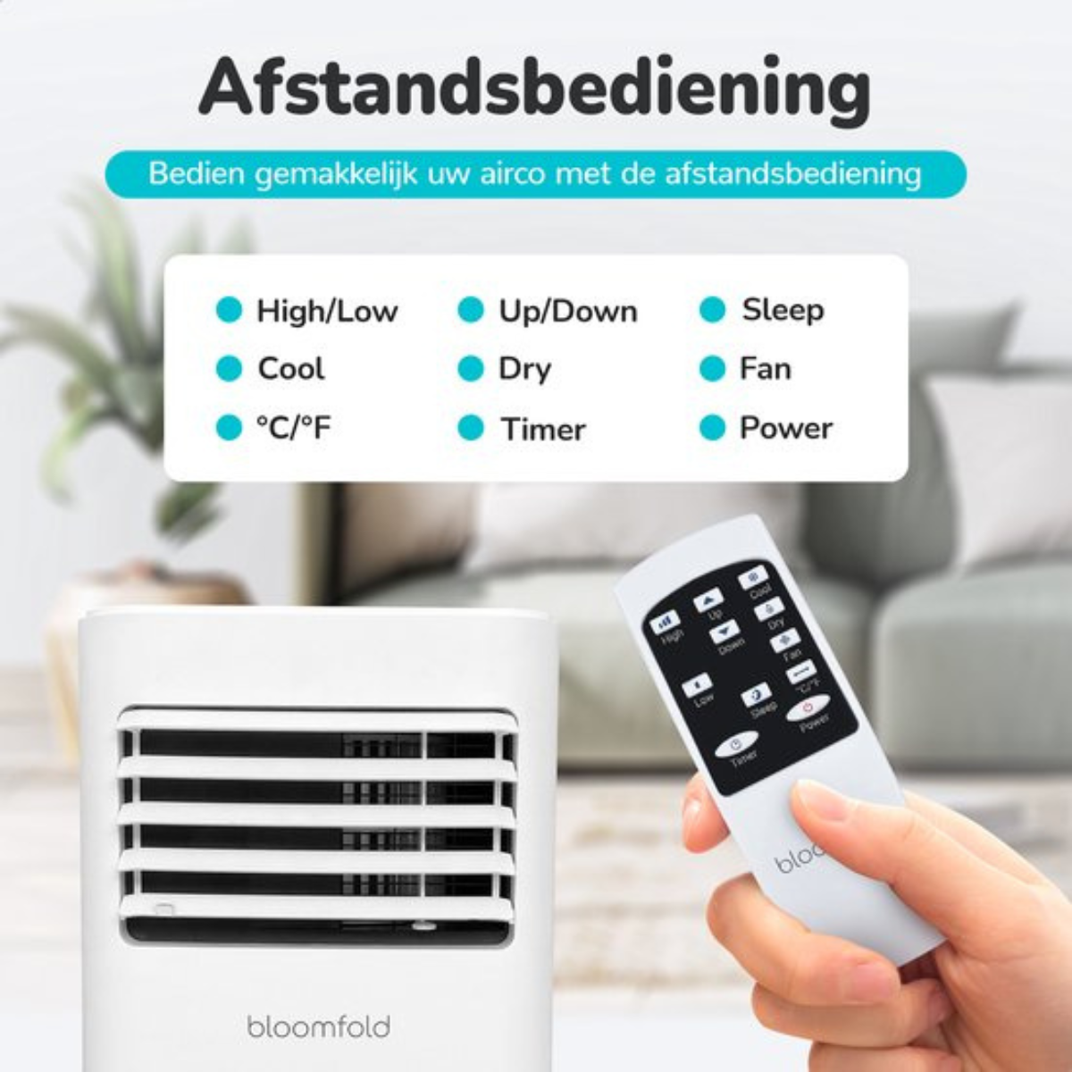 A white air conditioning unit, remote, and text in Dutch about controls.