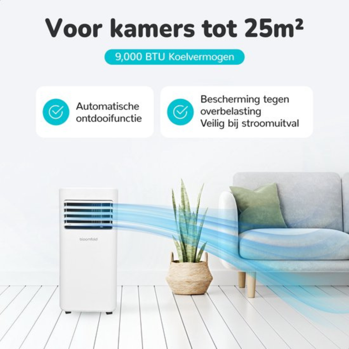 White air conditioner with text. Blue airflow graphic. Interior with sofa and plant.