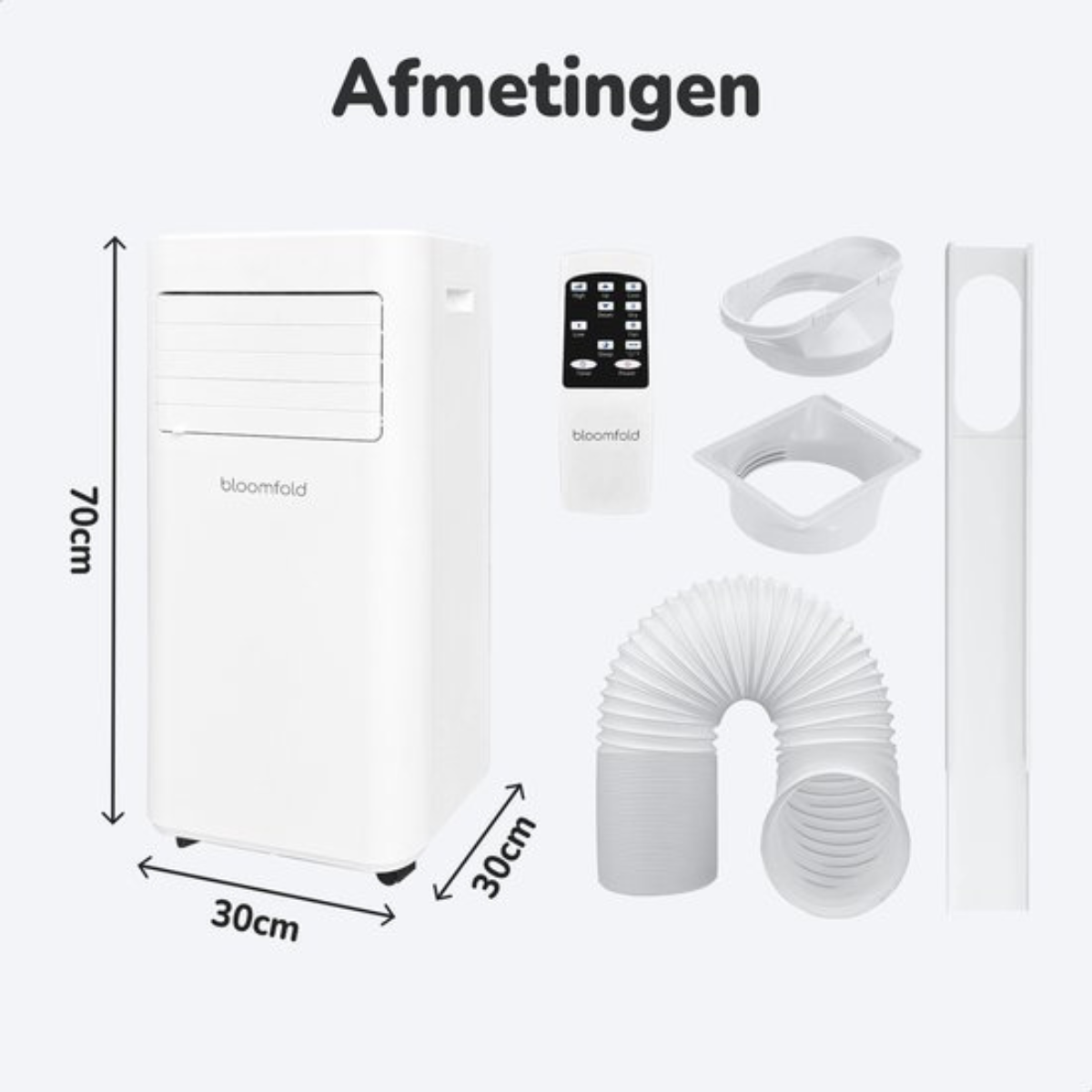 White portable air conditioner, measurements labeled in cm, with various accessories.