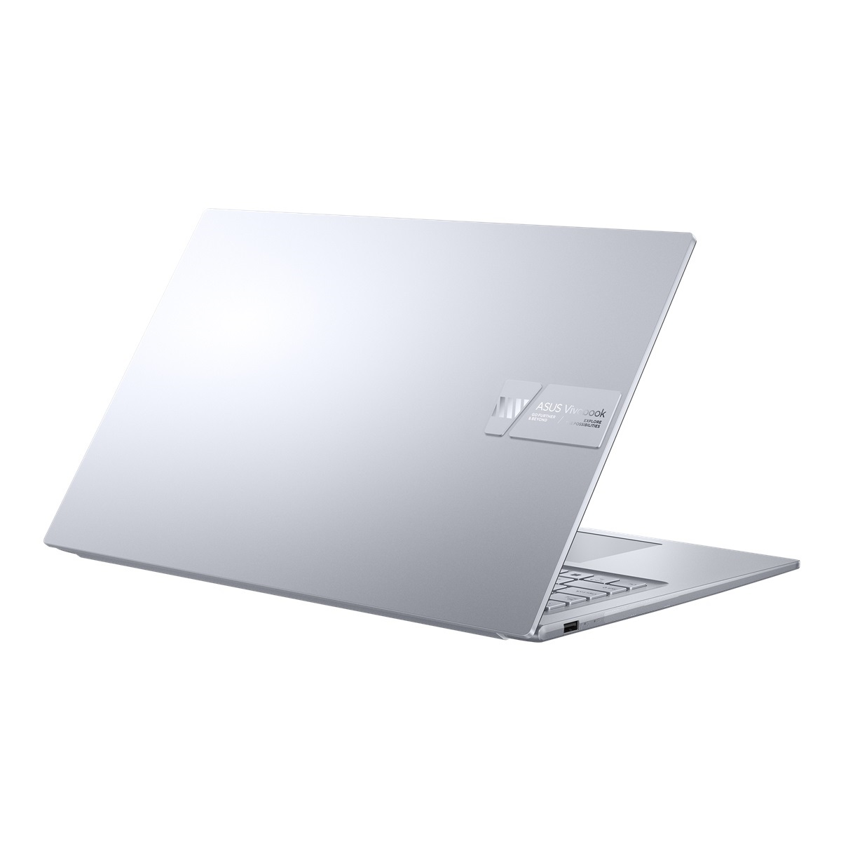 Silberner Laptop-Rücken, mit ASUS Vivobook-Logo, weißer Hintergrund.