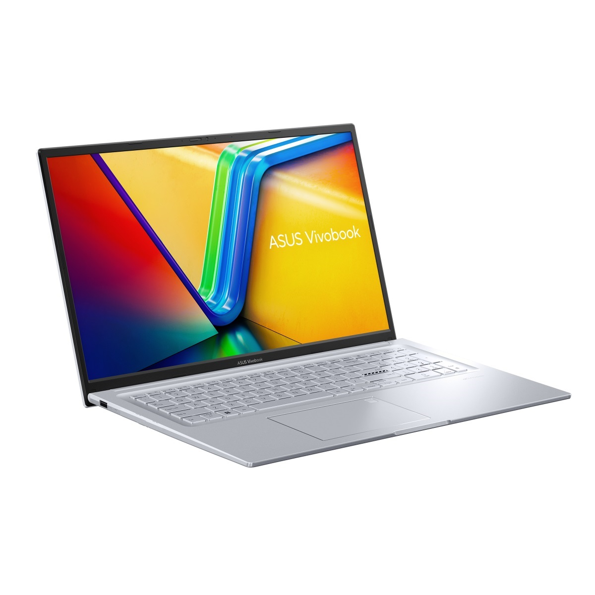 Silbernes ASUS Vivobook Laptop. Es ist geöffnet, der Bildschirm zeigt ein farbenfrohes abstraktes Bild.