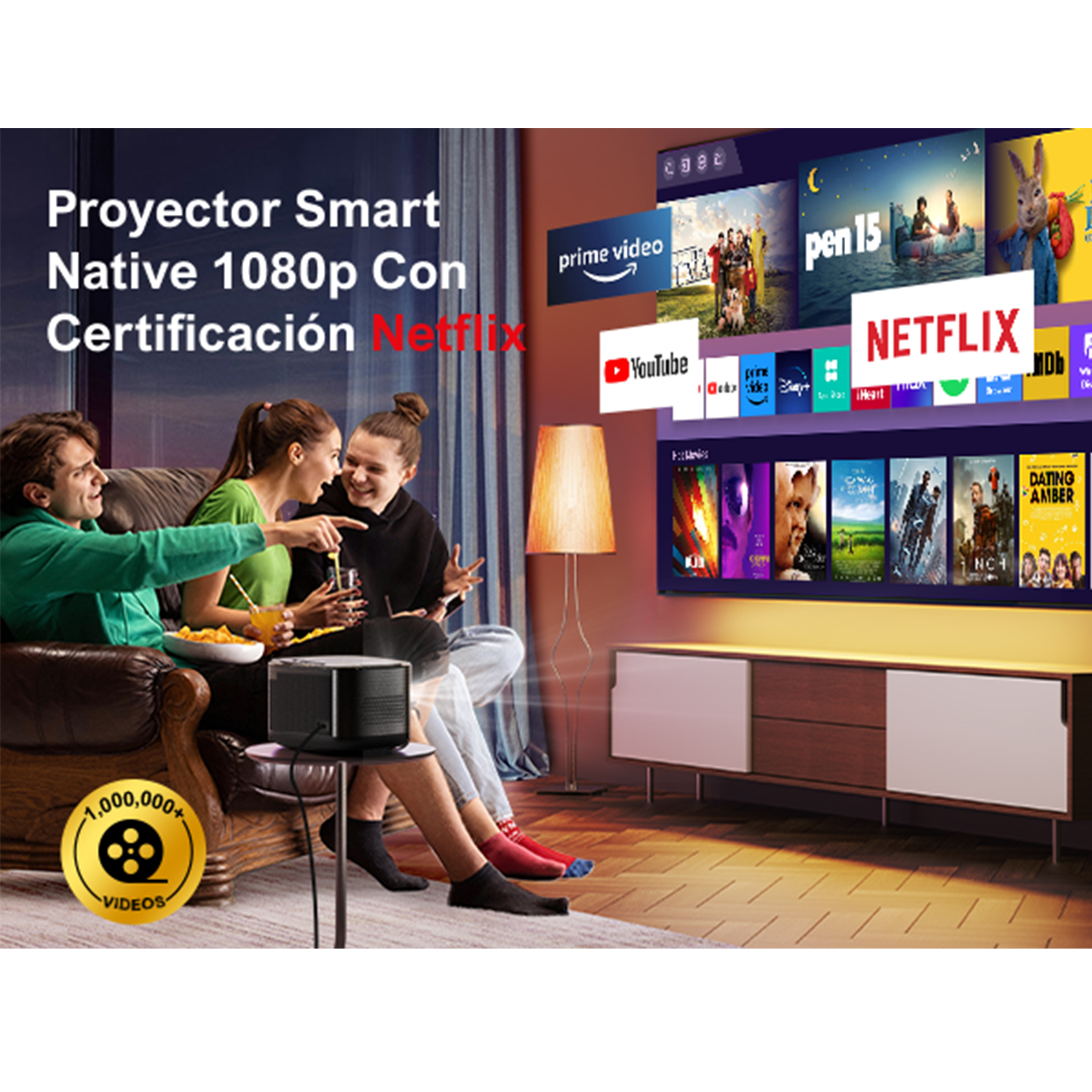 Personas viendo un televisor con interfaz de Netflix. Ambiente de sala de estar.
