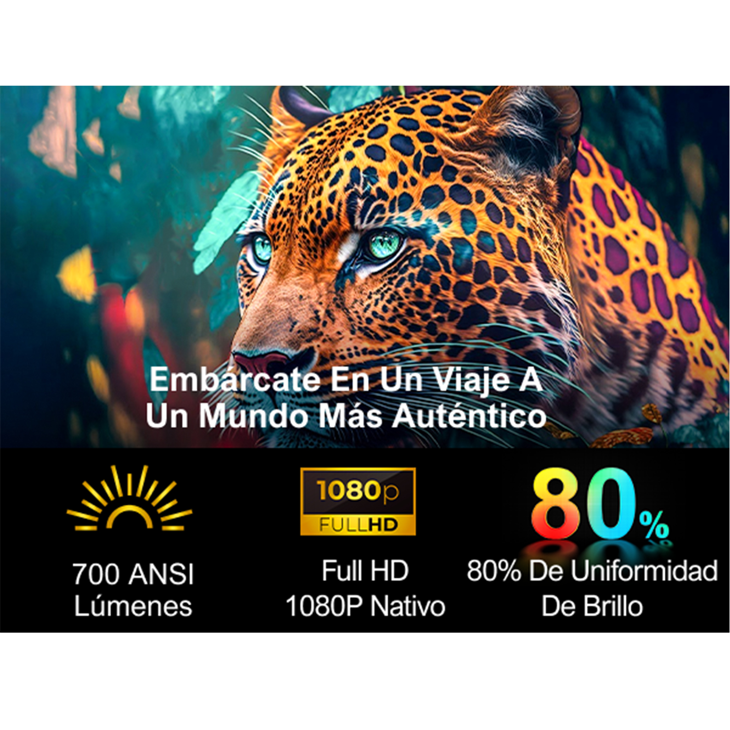 Imagen de un jaguar con ojos verdes, con texto sobre un mundo más auténtico y especificaciones.