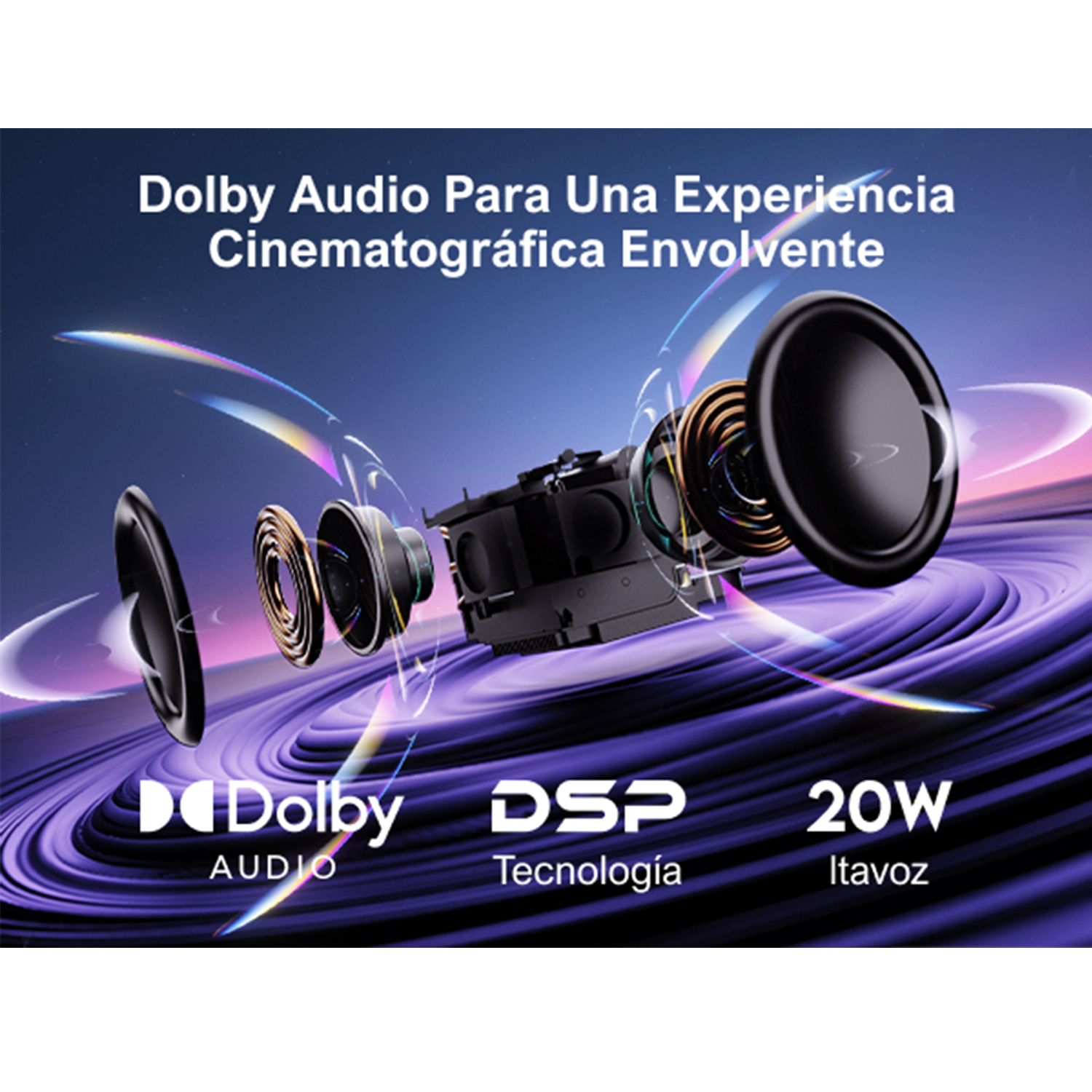 Un conjunto de altavoces negros con el logotipo de Dolby Audio y el texto '20W'.
