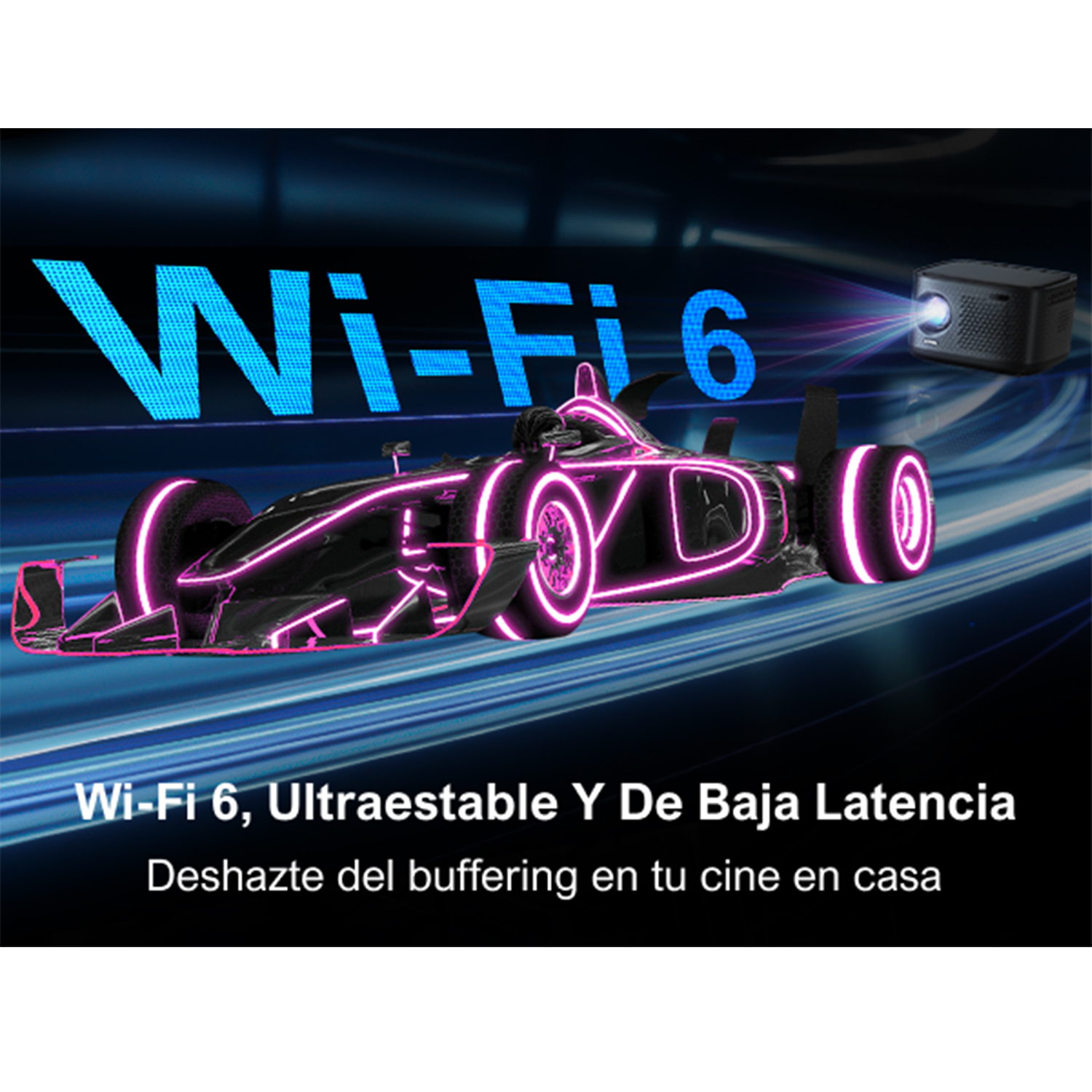 Coche de carreras con texto Wi-Fi 6 y una imagen de proyector.