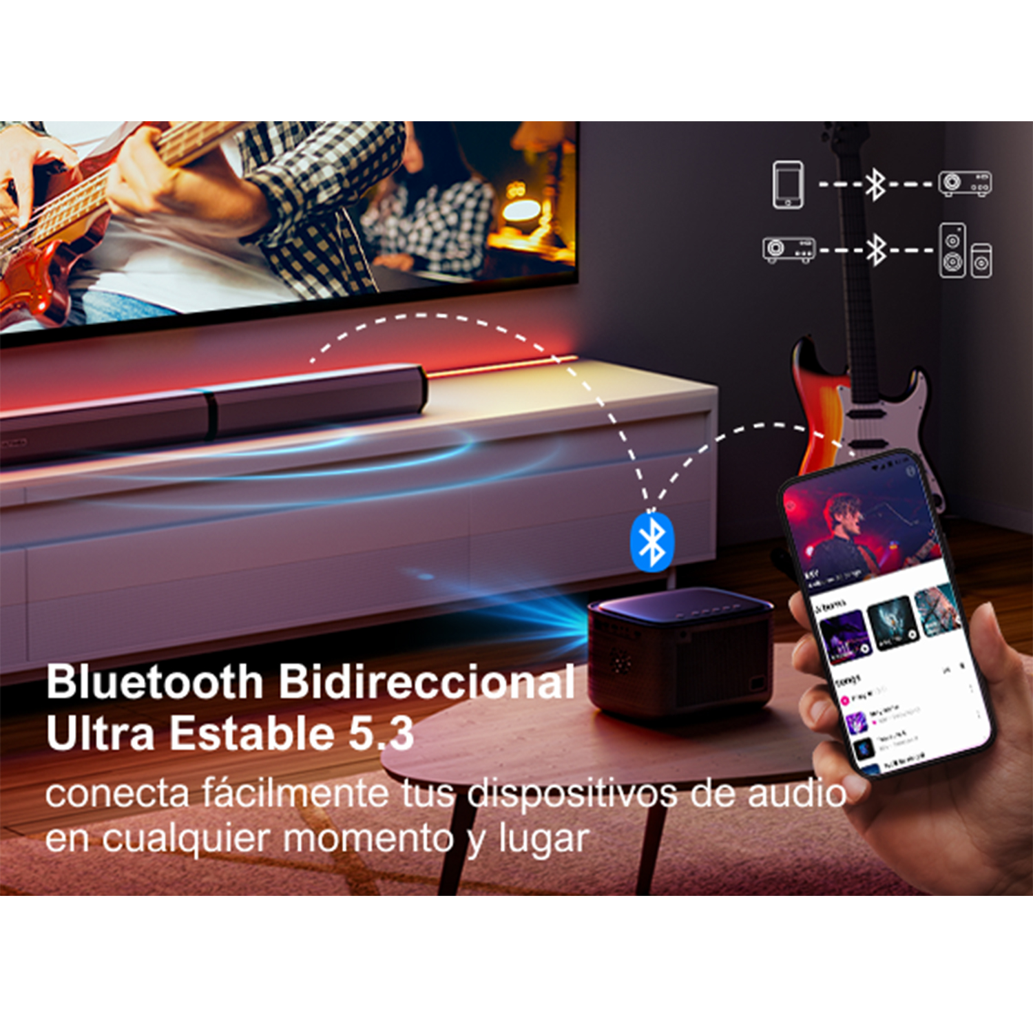 Un teléfono, un proyector y una configuración de altavoces para transmisión de audio y video.
