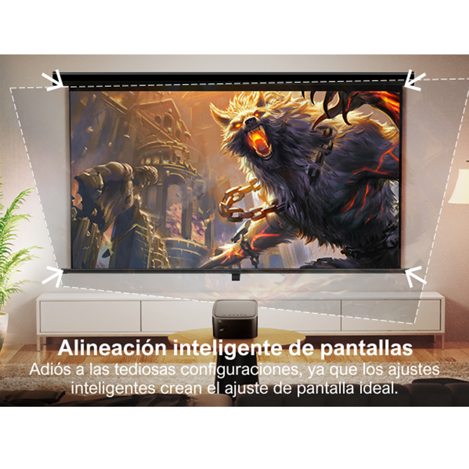 Un proyector está debajo de una pantalla que muestra una imagen de lobo. Texto: alineación inteligente.