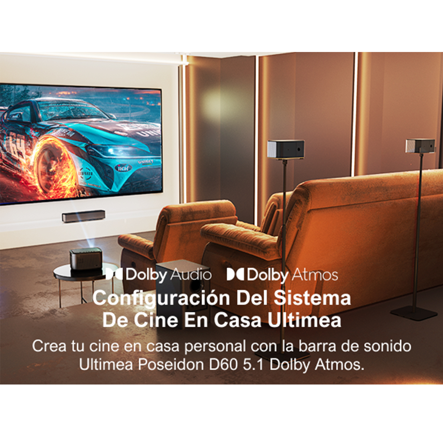 Configuración de cine en casa con pantalla grande, barra de sonido y dos altavoces. Texto en español.