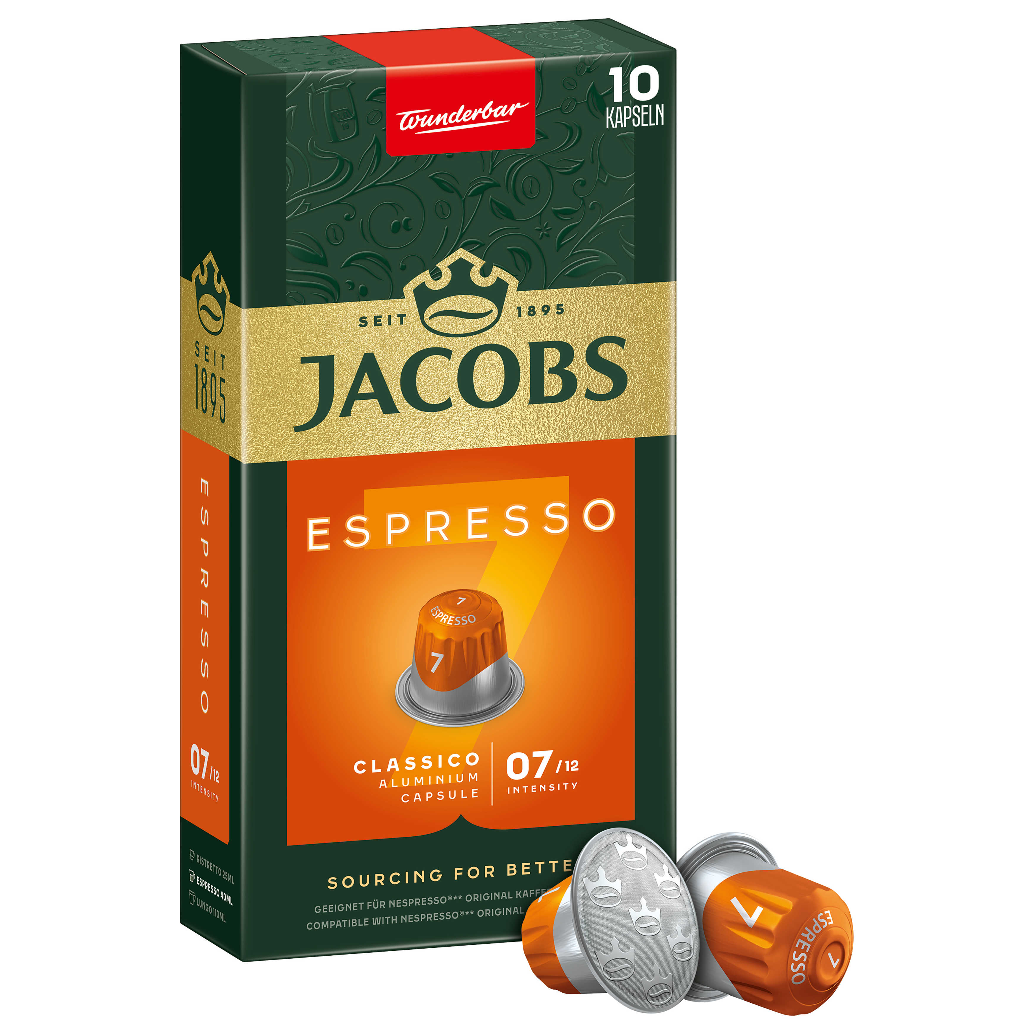 Schachtel mit Jacobs Espresso Kaffeekapseln. Orange Kapseln neben der Schachtel mit Text sichtbar.