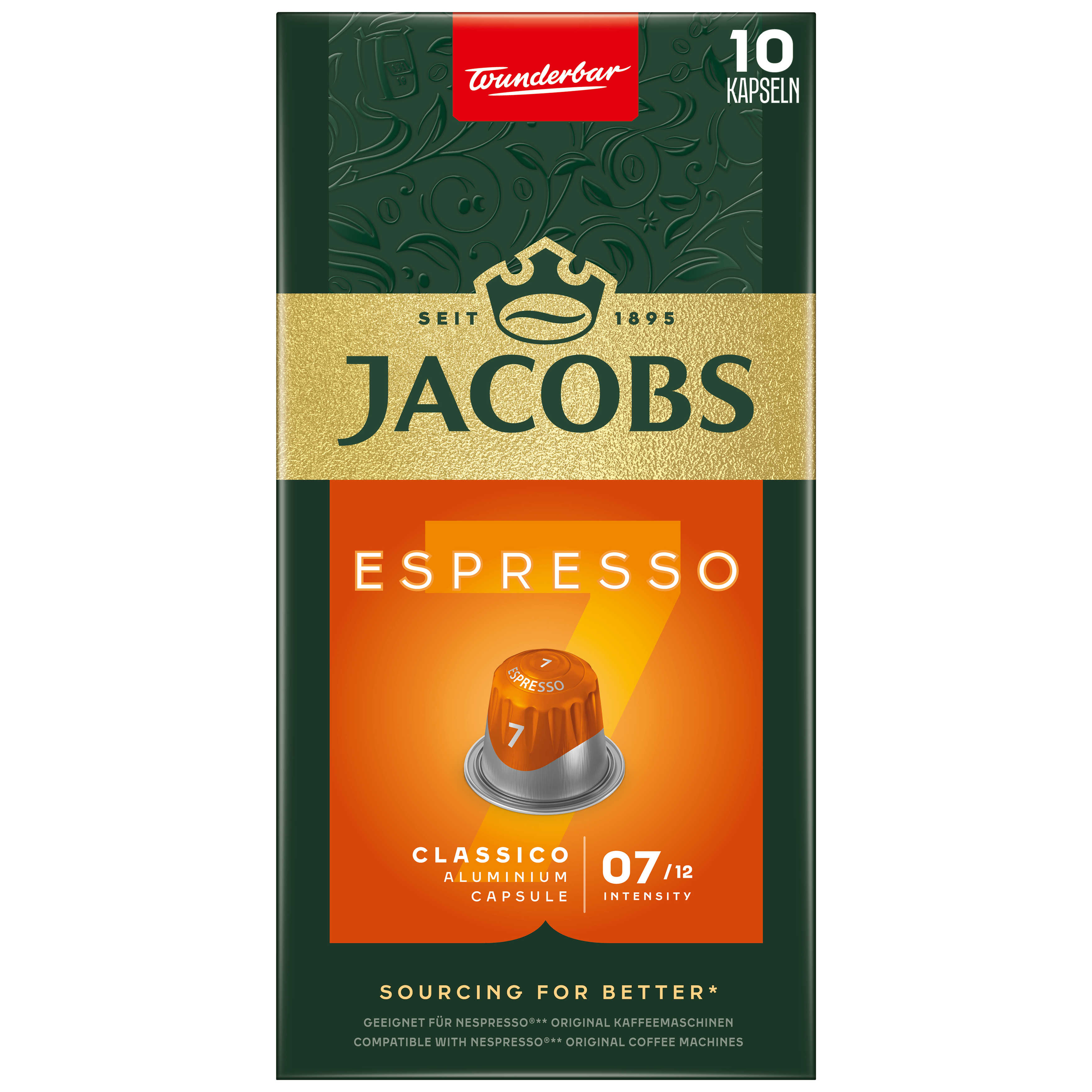 Eine Kaffeekapselbox mit 'Jacobs Espresso' Branding und einem Bild einer Kapsel.