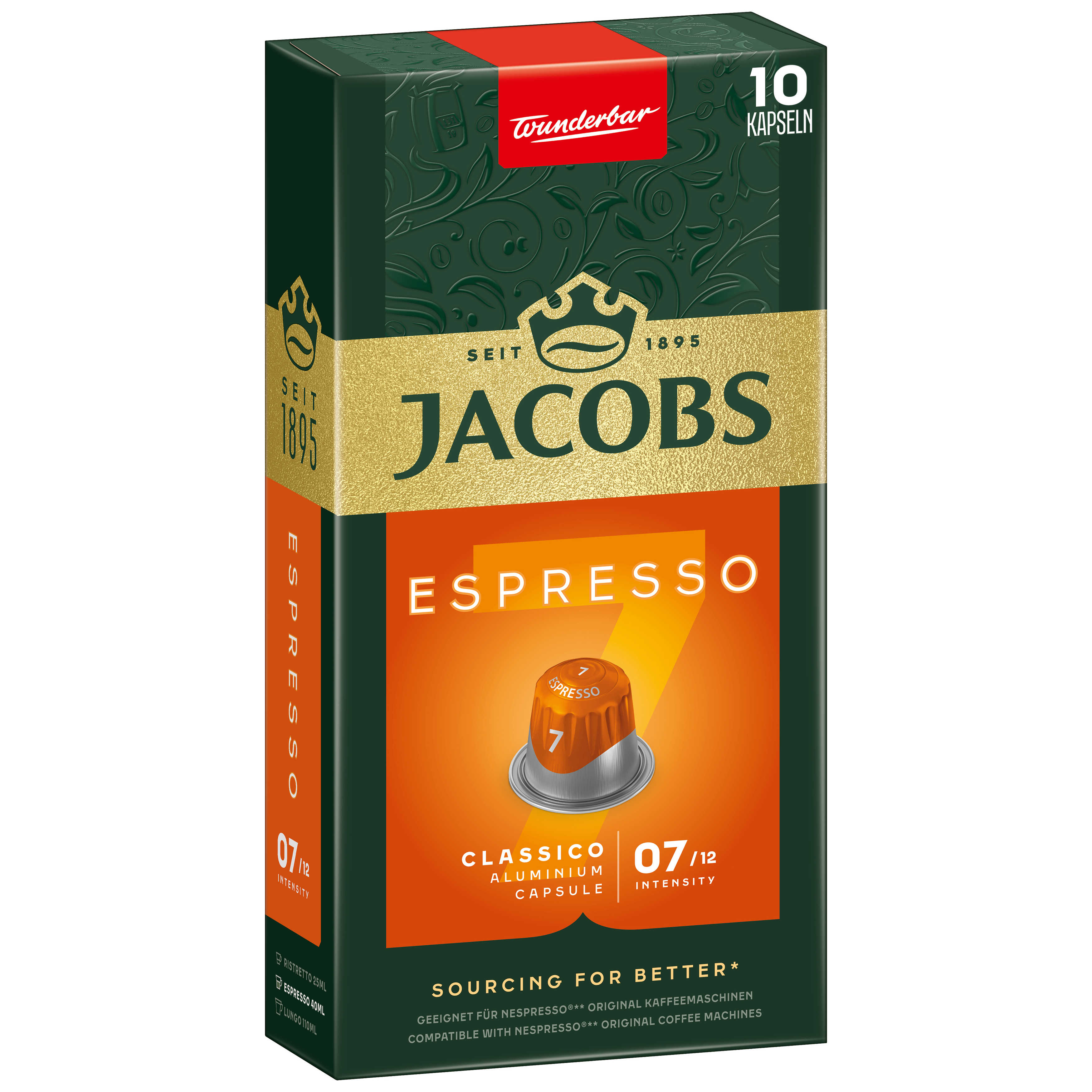 Eine Schachtel mit Jacobs Espresso Kaffeekapseln, mit einer einzelnen Kapsel sichtbar.