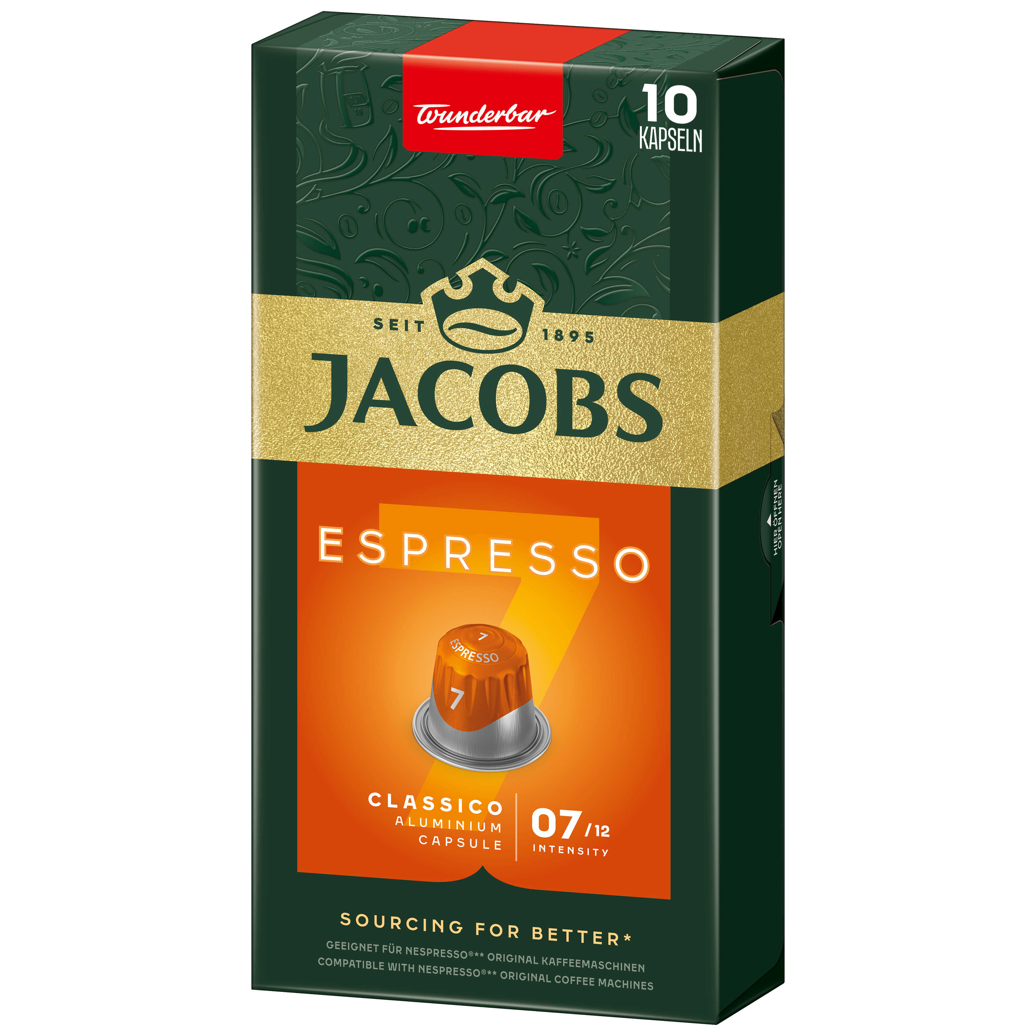 Eine Jacobs Espresso Kaffeebox mit einem orangefarbenen Etikett für Espresso 7. Die Box ist dunkelgrün mit goldenen Akzenten, die die Marke hervorheben.