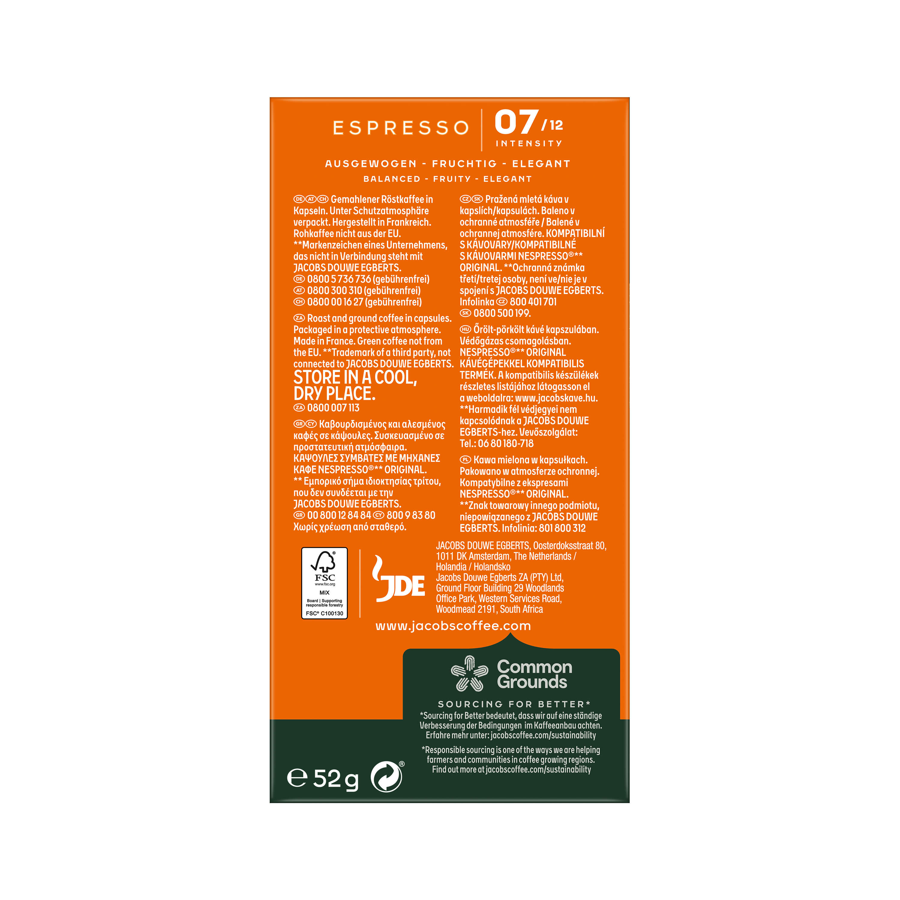 Espresso-Kaffeeverpackung mit Text und Details, einschließlich des Common Grounds-Brandings.