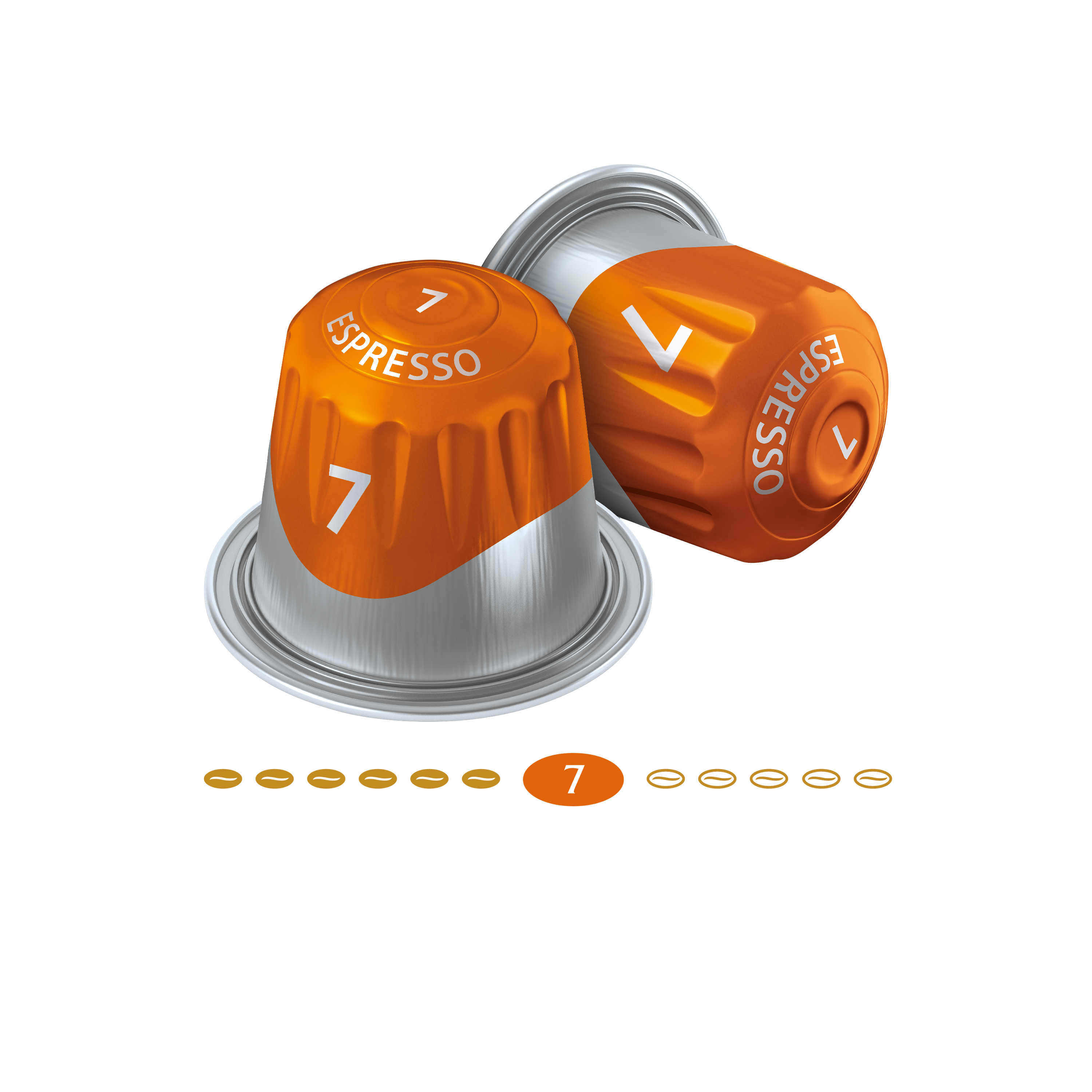 Drei orangefarbene Espresso-Kaffeekapseln mit der Zahl 7 darauf.