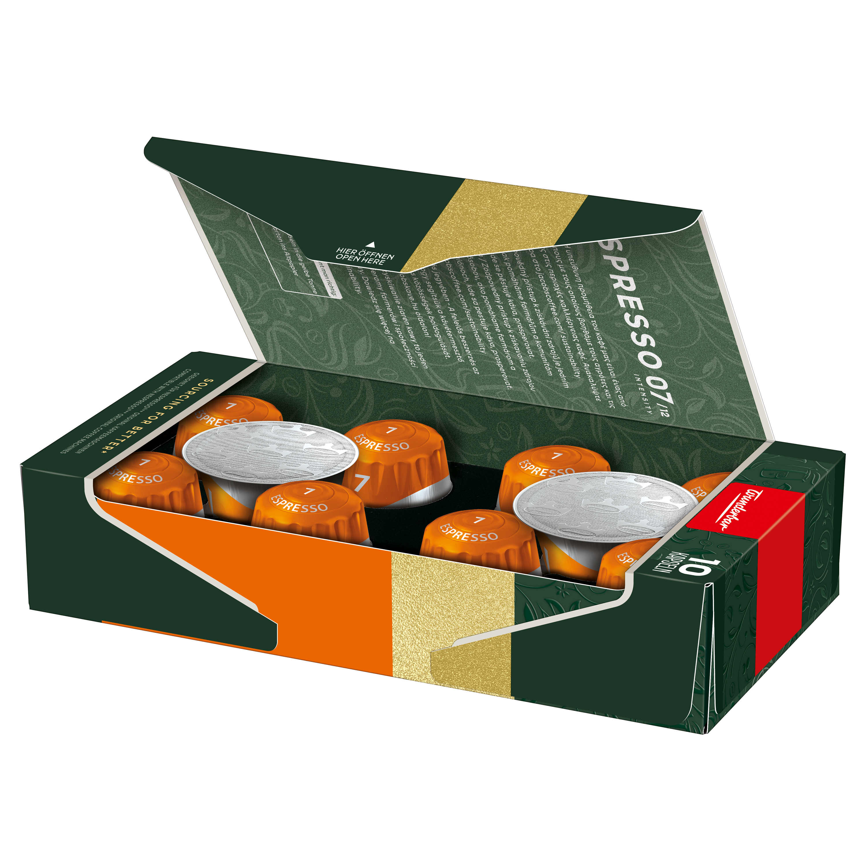 Eine Schachtel mit Espresso-Kapseln mit orangen Kapseln und dem Wort Espresso.