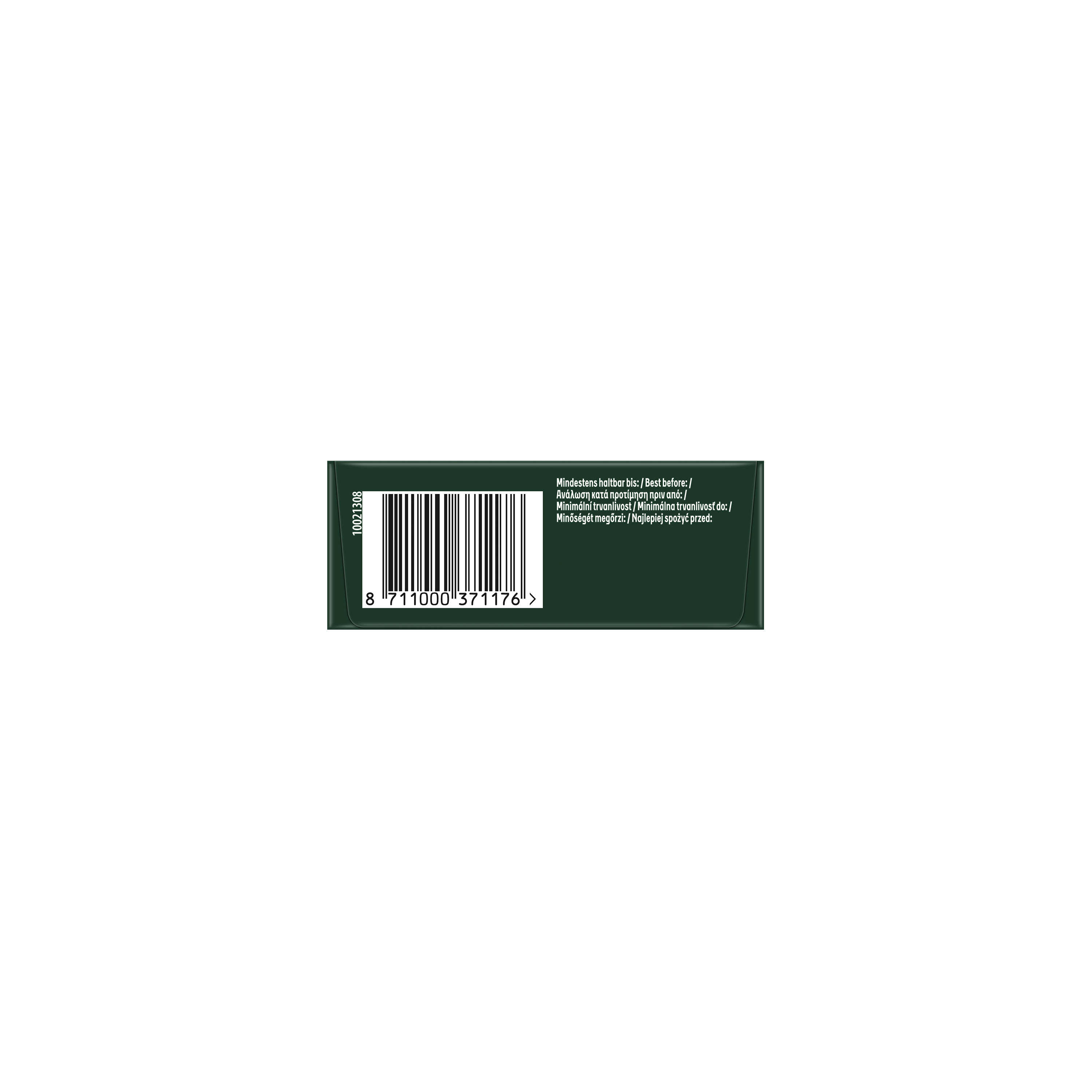 Ein Barcode auf einem dunkelgrünen Etikett auf weißem Hintergrund.