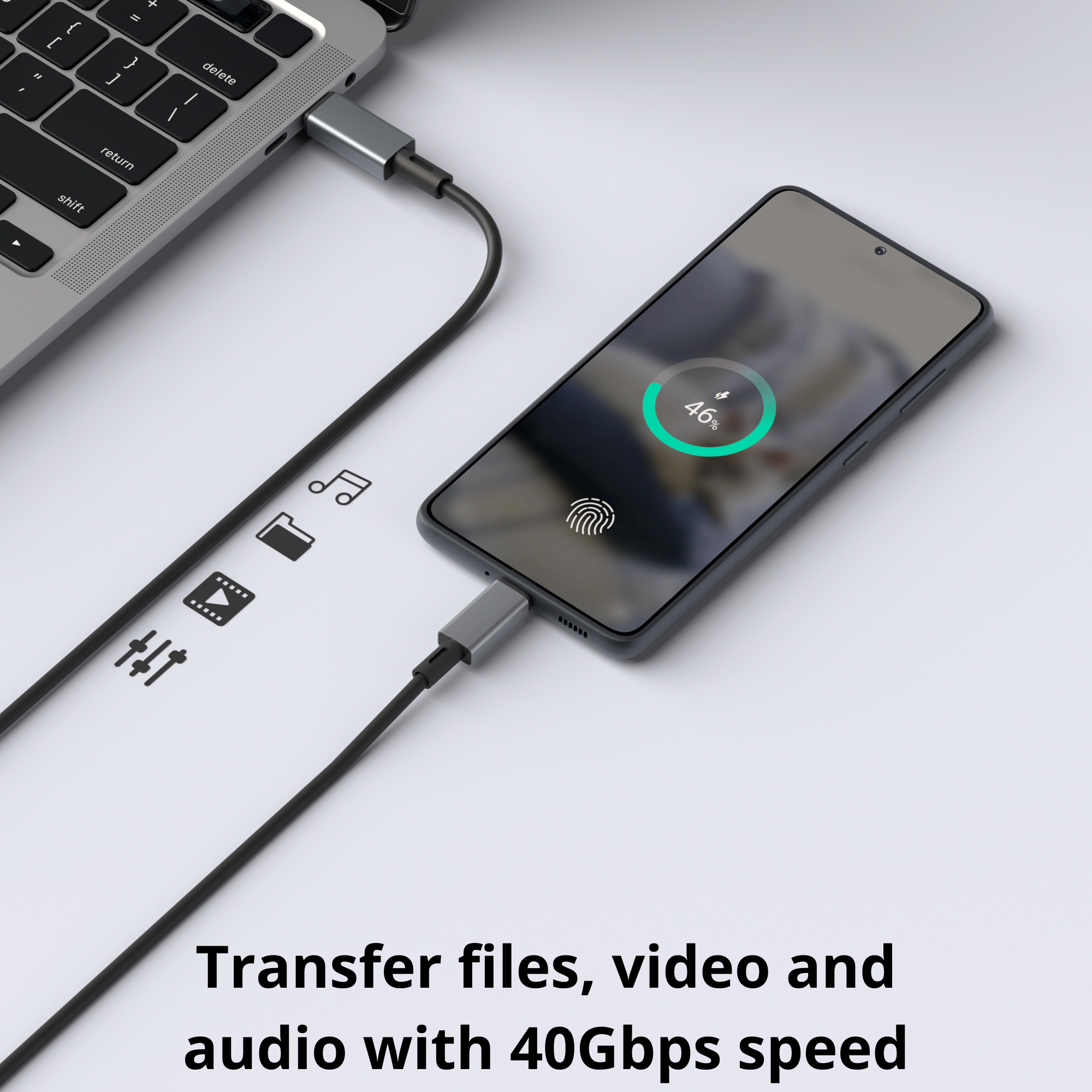Een telefoon die oplaadt via een USB-C-kabel met de tekst: 'Bestanden, video en audio overdragen met 40 Gbps snelheid'.