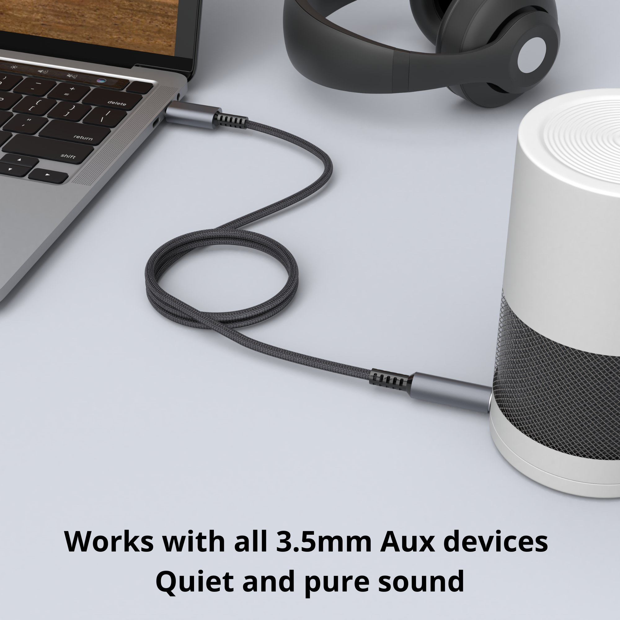A grey audio cable connected to a laptop and a speaker, with text about sound.
